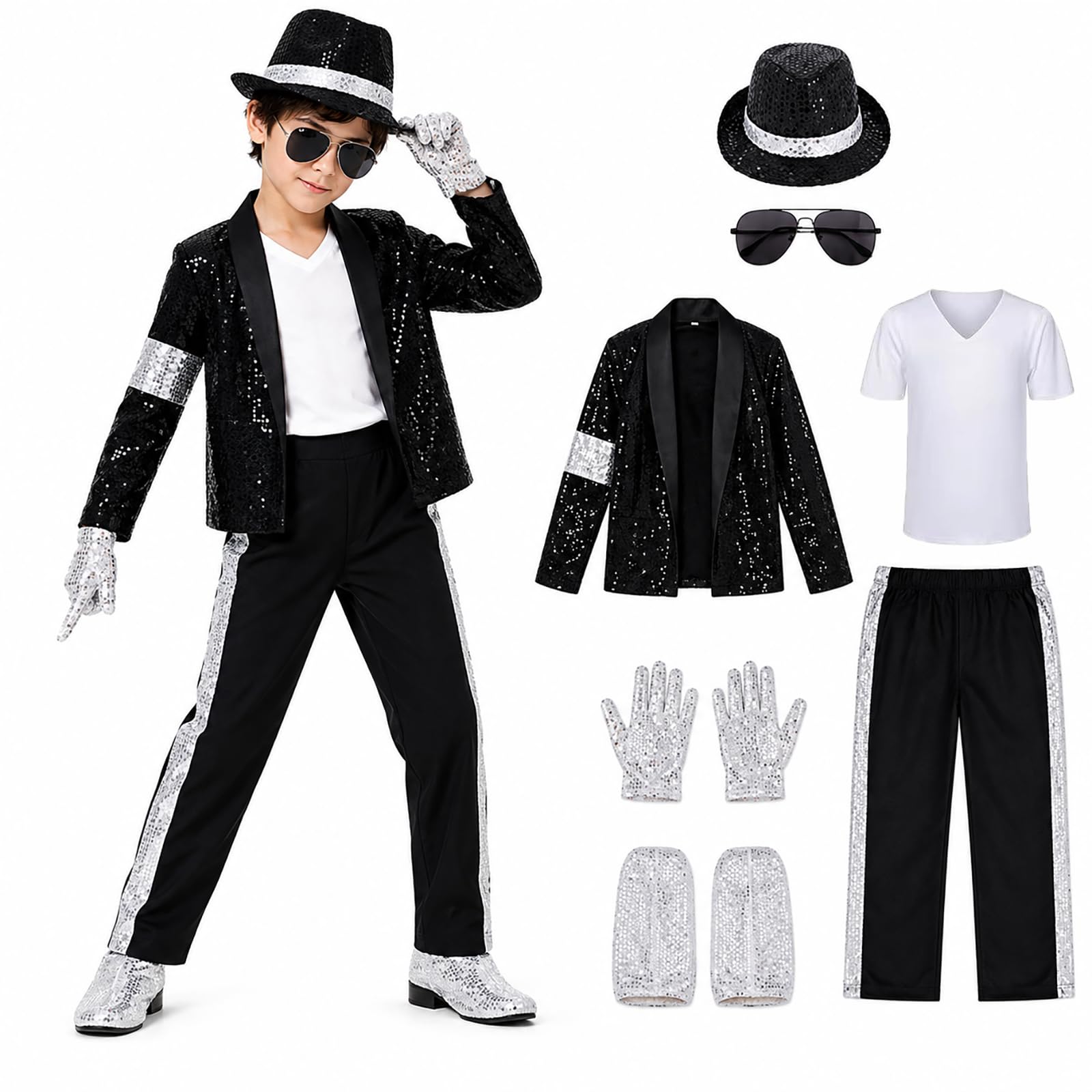 shyhand 7PCS Kids Boys Dancer Sequin Costumes, Childrens 80s Star Outfit with Jacket Glove Hat Trousers, Fancy Halloween Dress Up (Classic, XX-Large)