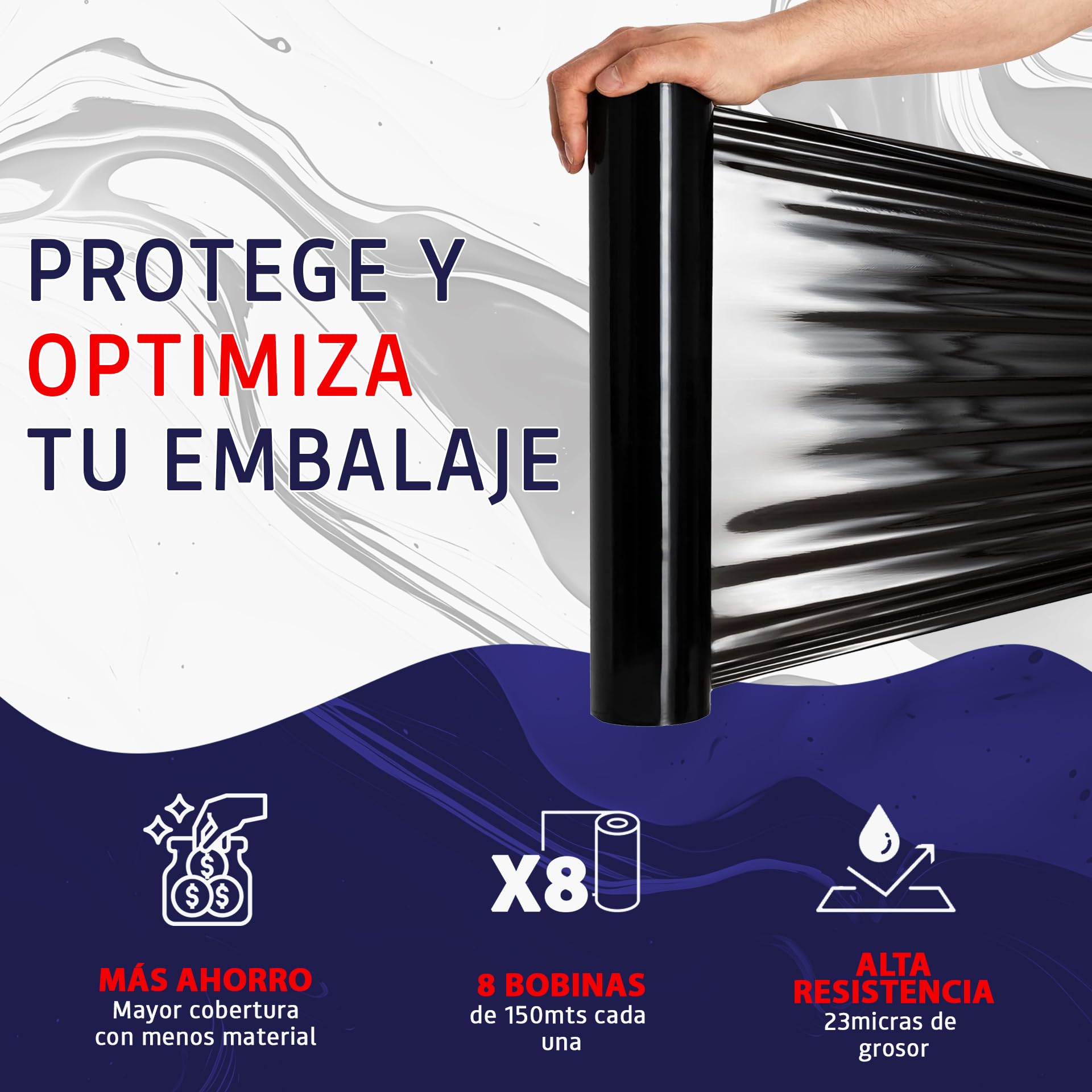 BALSAT | 8 Bobinas de film estirable de paletizar | Paquete ahorro de 8 Bobinas | Negro o Transparente | Calidad profesional | Ancho de bobina 50 cm | 23 My (Negro)