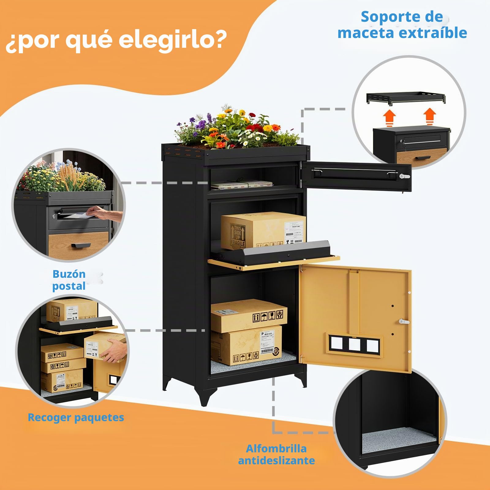 Buzon para Paquetes Exterior Grande, 3 Niveles Buzón de Correo de Acero Galvanizado Código con Soporte Desmontable para Macetas,2 Llaves,Antirrobo,Resistente a la Intemperie para Hogar,Oficina,Porche