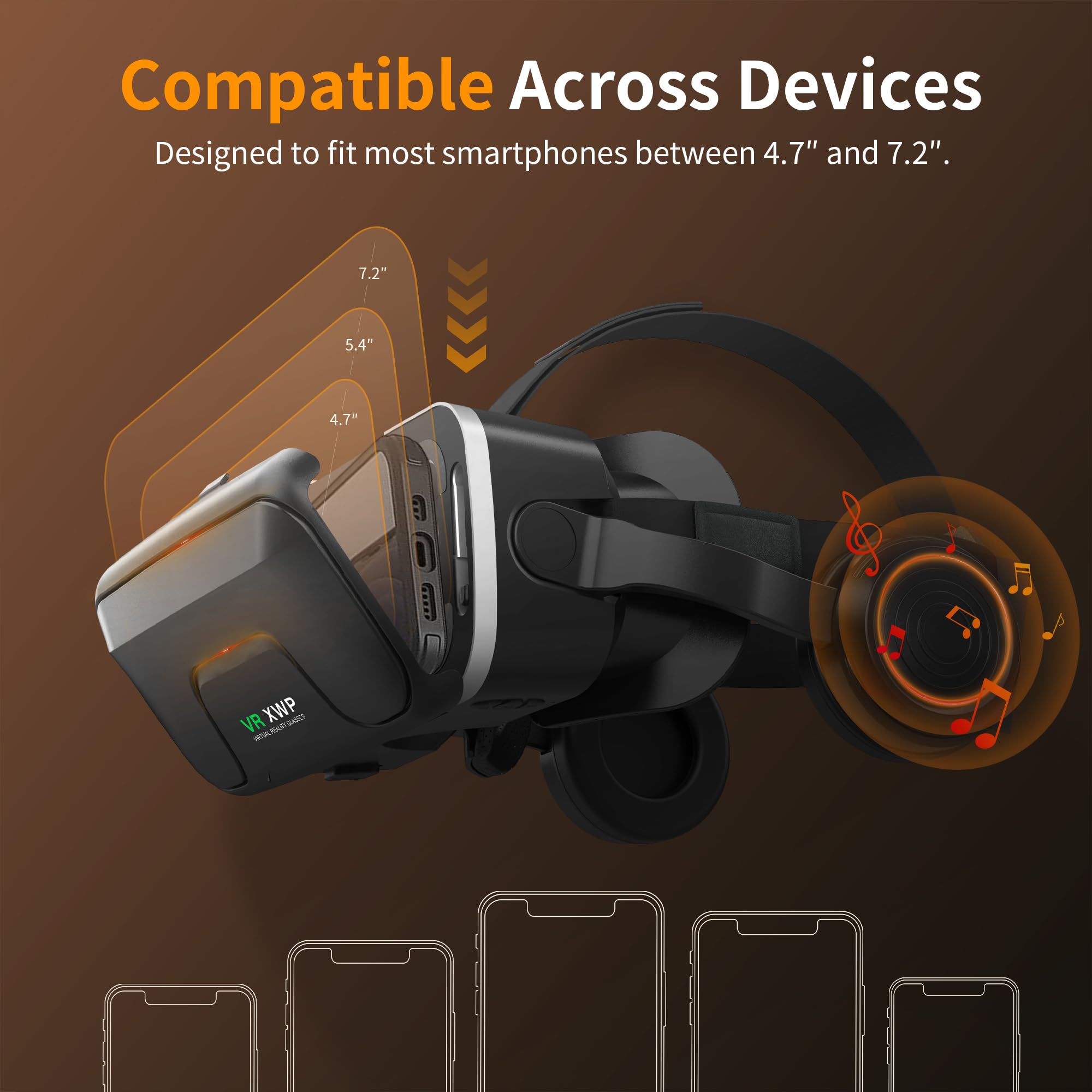 XWP Visore VR, Occhiali Per Realtà Virtuale 3D Con Cuffie, Compatibili Con iPhone & Android (4,7–7,2"), Con Lenti HD Anti Luce Blu, Per Giochi E Film, Regalo Di Compleanno Per Bambini E Famiglia