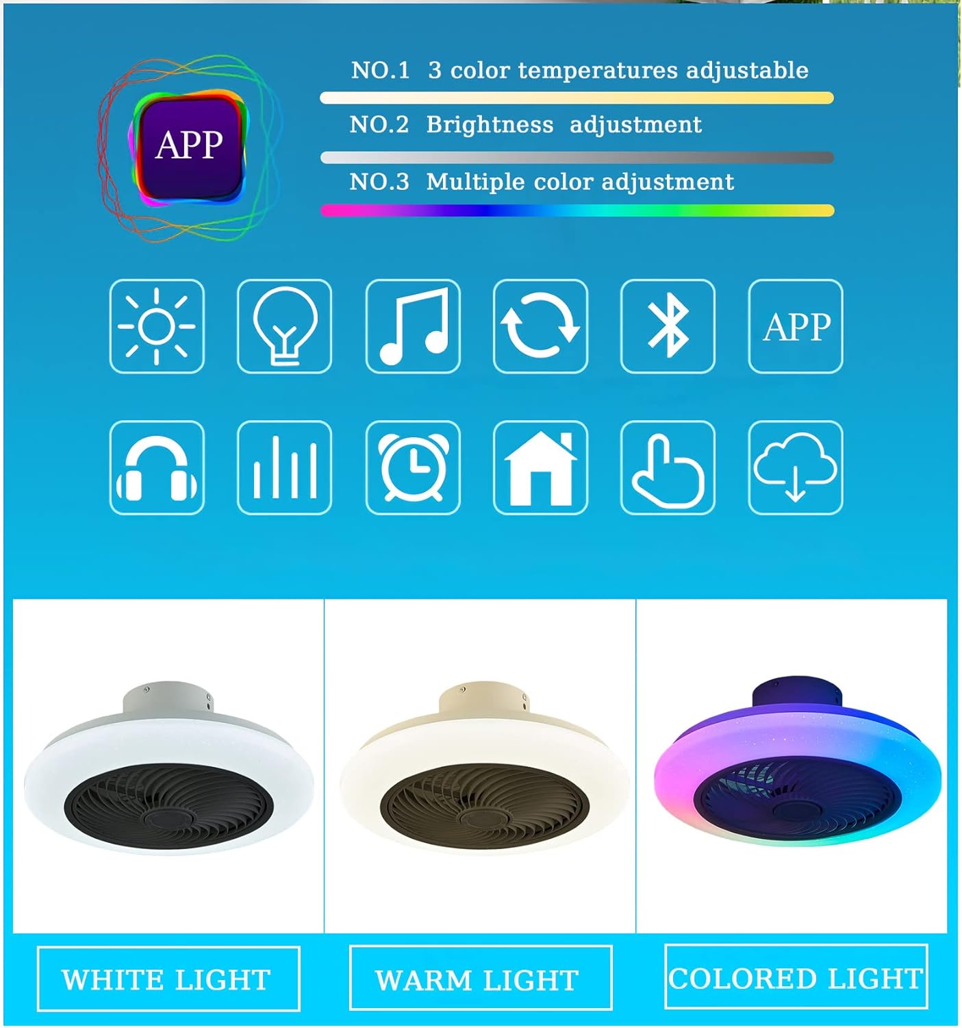 YUEGOO Ceiling Fans with Lamps,Modern Round Silent Ceiling Fans with Lights Reversible 6 Speed Timer Kids Ceiling Fan Light Winter/Summer Mode for Living Room Bedroom/White/B