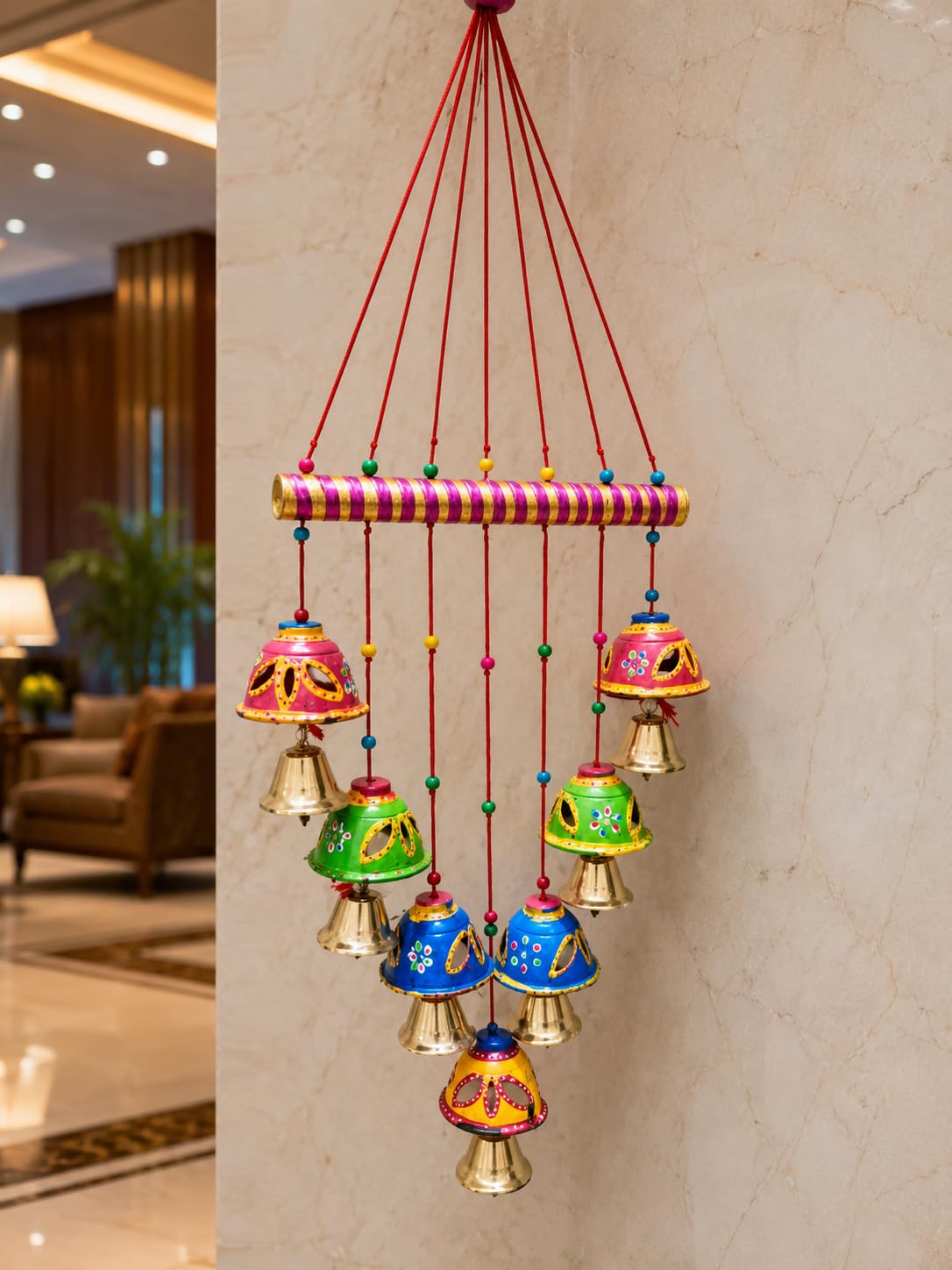 Handpainted Wind Chime with Bells, Multicolour Hanging Decor | Traditional Indian Style, Wooden Bar & Beads, 7 Decorative Bells, Festive Wall Hanging, Hand-Painted Design-image-25
