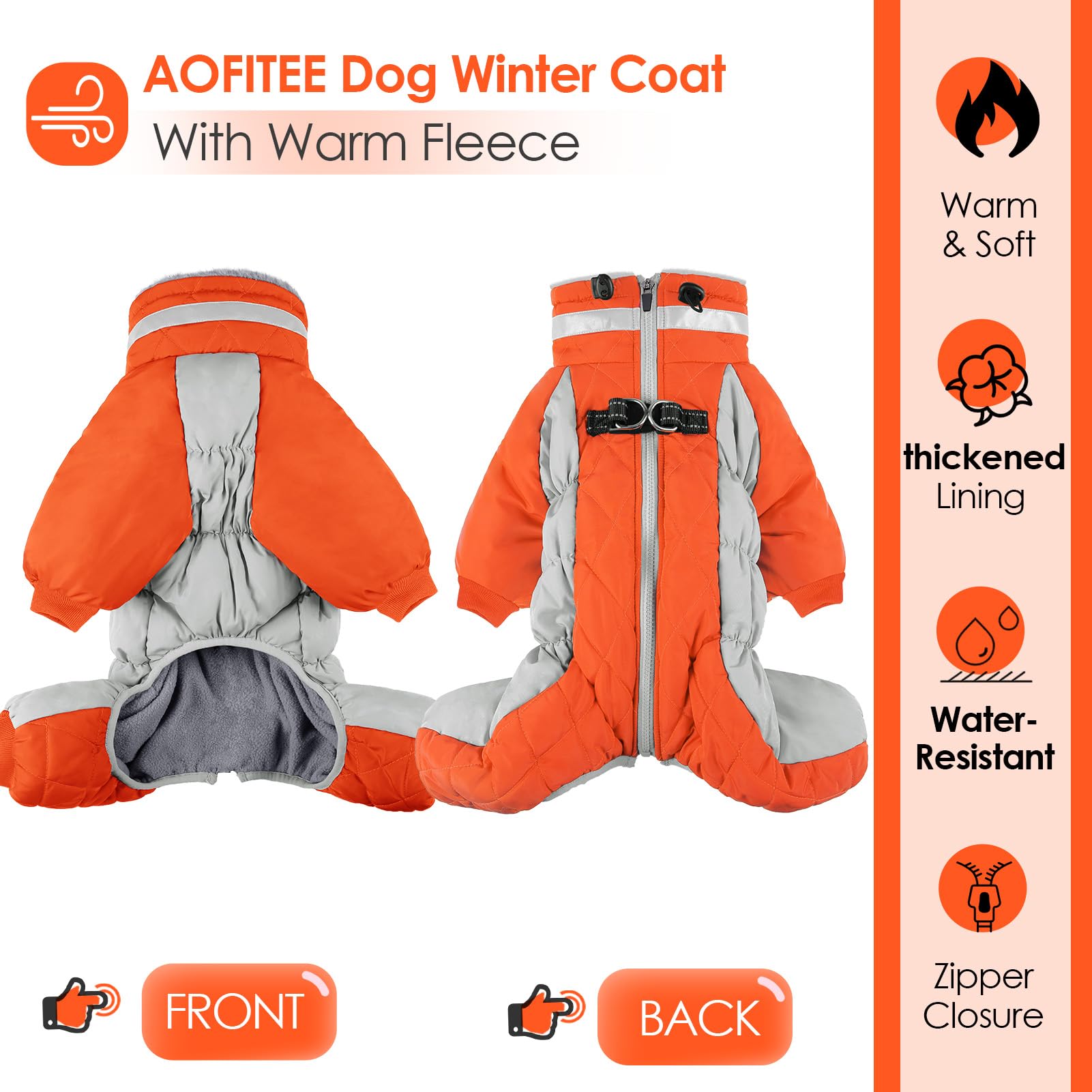 AOFITEE Cappotto per cani caldo per l'inverno, antivento per cani, con imbracatura integrata, a collo alto riflettente, giacca invernale da neve, per animali domestici di taglia piccola, media e