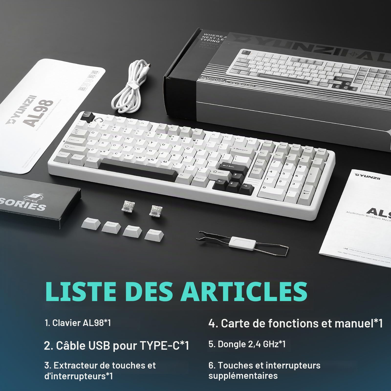 YUNZII AL98 Clavier Mécanique Gamer sans Fil en Alu (Blanc, Milk V2)