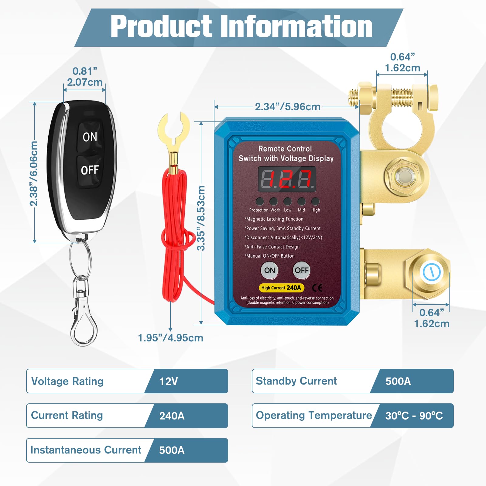 Interruttore isolatore batteria 240A 12 V telecomando con display di tensione a LED Interruttore di spegnimento automatico antifurto per auto camion barca