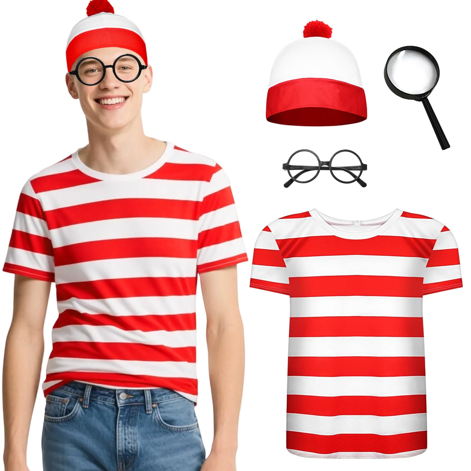 Meriviva Adult World Book Day Costumes, Red and White Striped Top Set including Hat Glasses Magnifying Glass