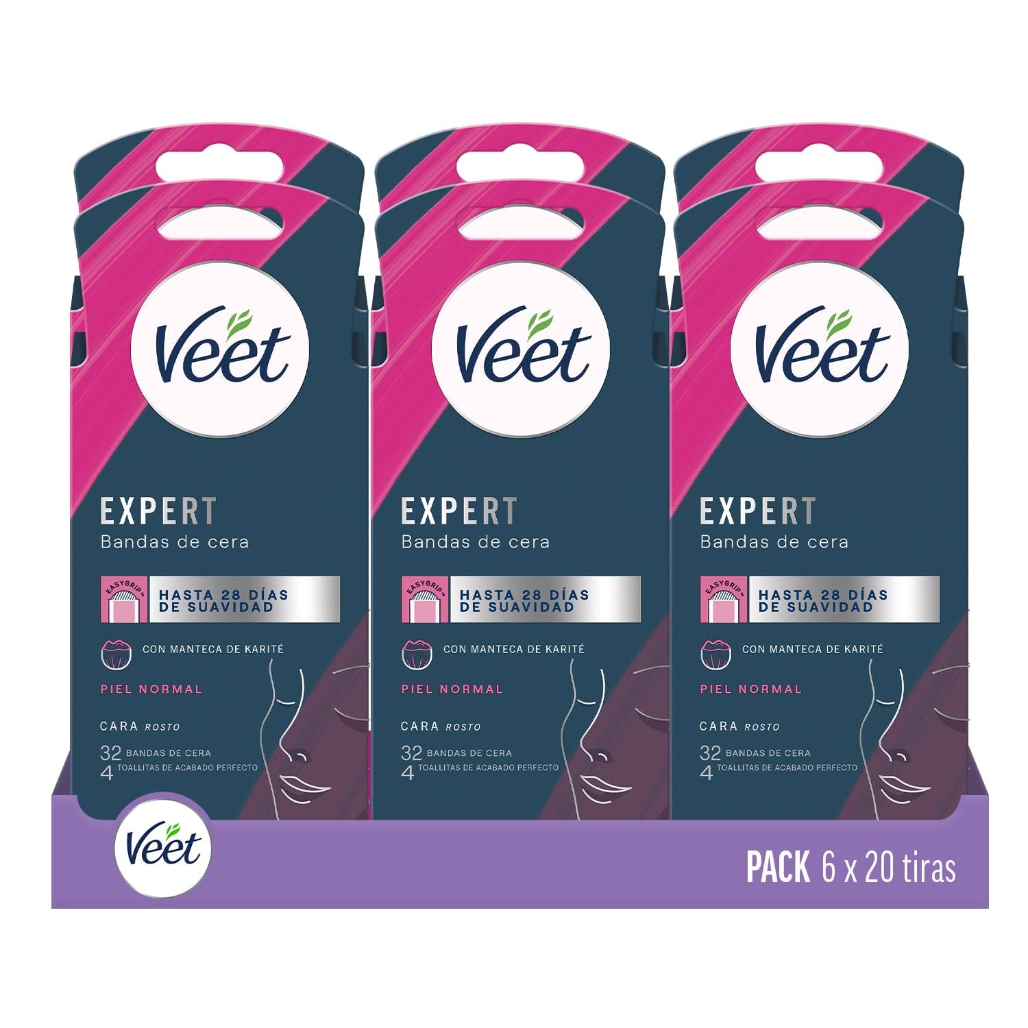 Veet Expert Bandas de Cera Fría Depilatoria para Depilación Facial, Adecuado para Labio Superior (Bigote), con Manteca de Karité, 6x32 tiras