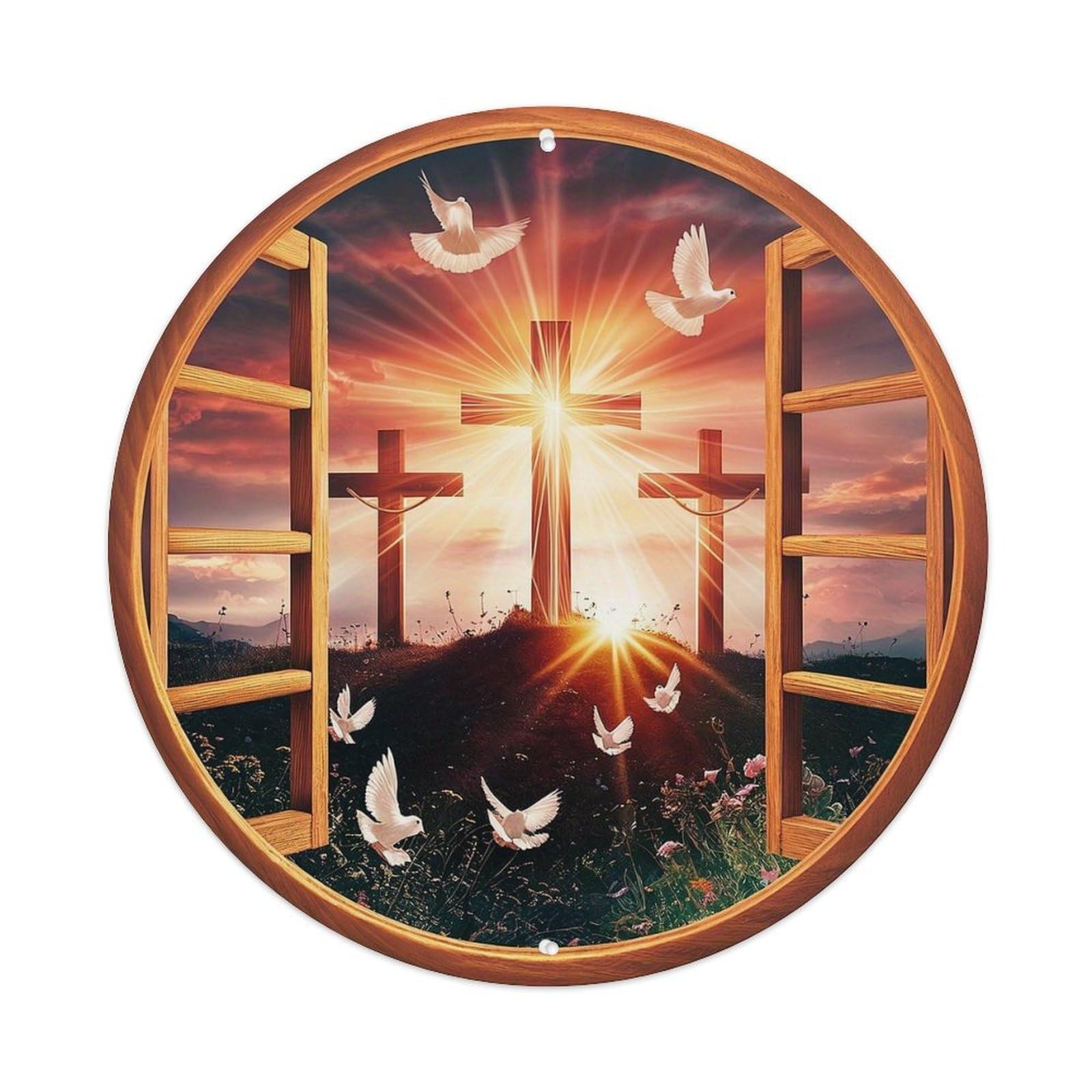 Crosses Doves Sunrise Window Tin Sign Metal Poster Vintage Metal Signs for Home Man Cave Bar Cafe Kitchen laundry room Wall Decorations Gift 8x8Inch