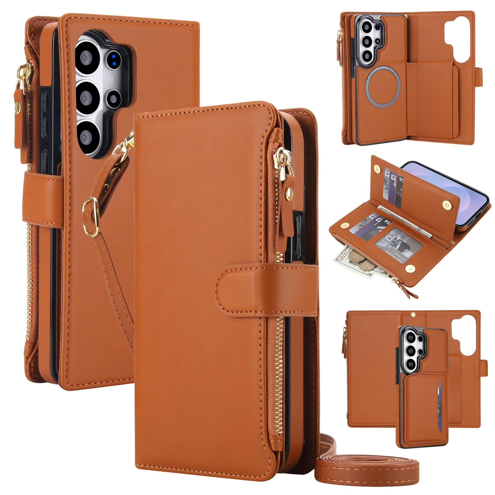 Generic Funda compatible con Samsung Galaxy S25 Edge (color: marrón) funda de piel extraíble con tapa trasera con correa para el hombro