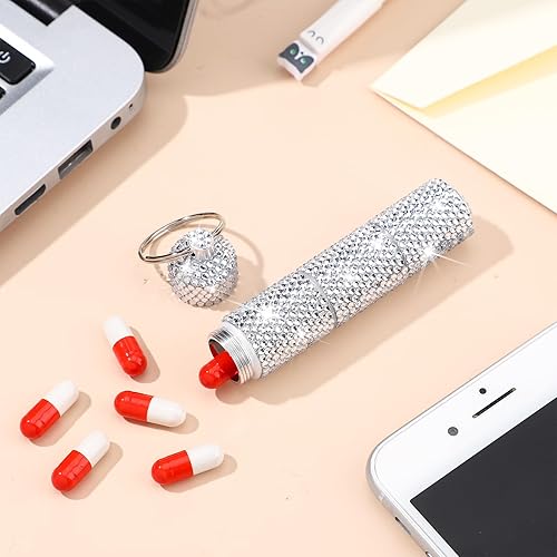 Miniatura 6 de Pastillero portátil para llavero con diamantes de imitación, pequeño con purpurina, impermeable, con brillantina, de aluminio, reutilizable, para