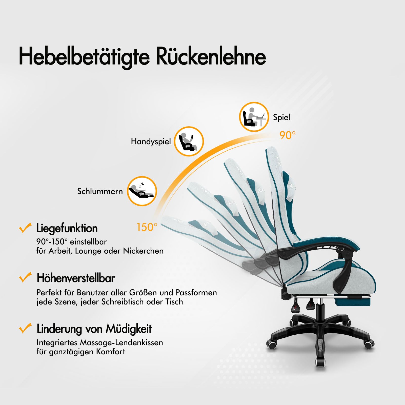 ALFORDSON Massage Gaming Stuhl Gamer-Stuhl ergonomischer Bürostuhl, Schreibtischstuhl Rennstuhl Verstellbarer, 360° Drehstuhl, höhenverstellbarer PC-Stuhl, Neigungswinkel 90°-150°, Dunkelblaugrün