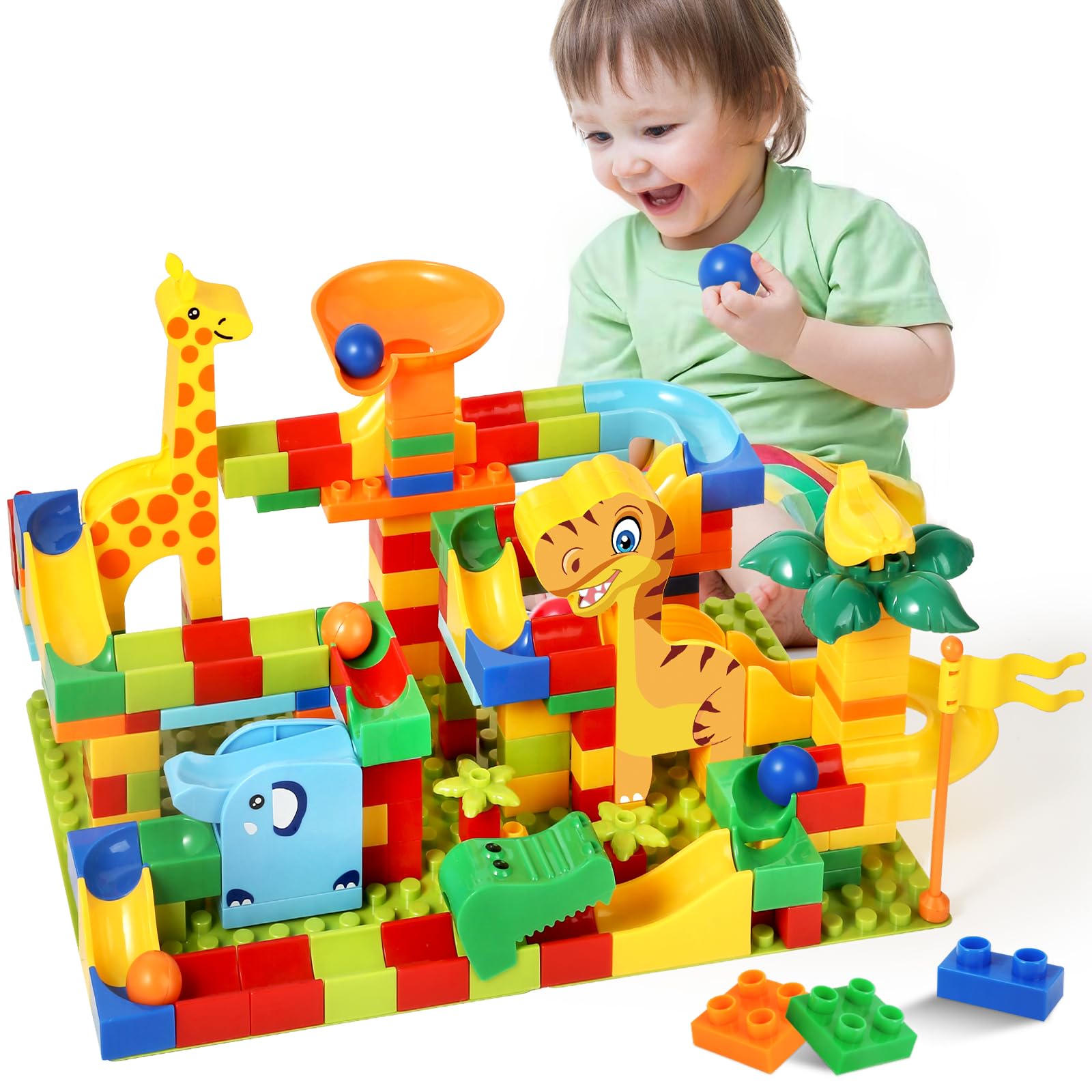 MOONTOY Dinosaur Marble Run 200PC Building Blocks - STEM Educational Toys for Kids Ages 3 4 5 6 7 8, Big Blocks Learning Set for Toddlers Boys & Girls