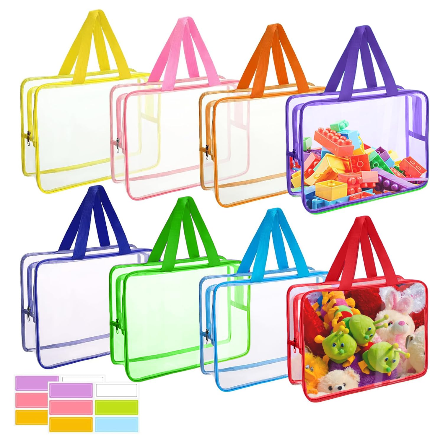 Punklong 8 Pack Clear Toy Storage Bags with Handles and Name Tag,Toy Bag with zip bags for toys,11.8x8.6x3.9 inch for Storage Board Game, Building Blocks, Puzzles