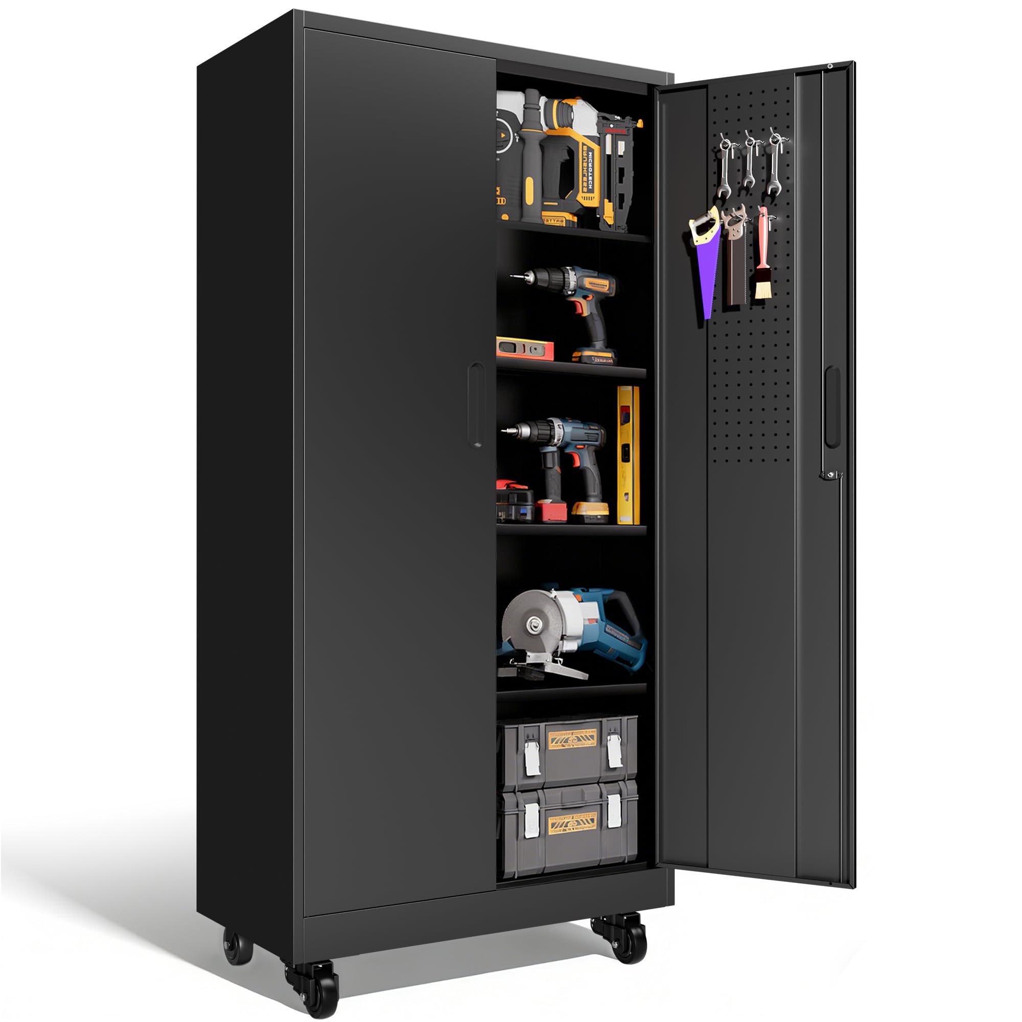 BIZOEIRON Garage Metal Storage Cabinet with Lock, 71'' Tall Storage Cabinet with Adjustable Shelves and Doors, Rolling Tool Cabinet on Wheels for Garage, Utility Room