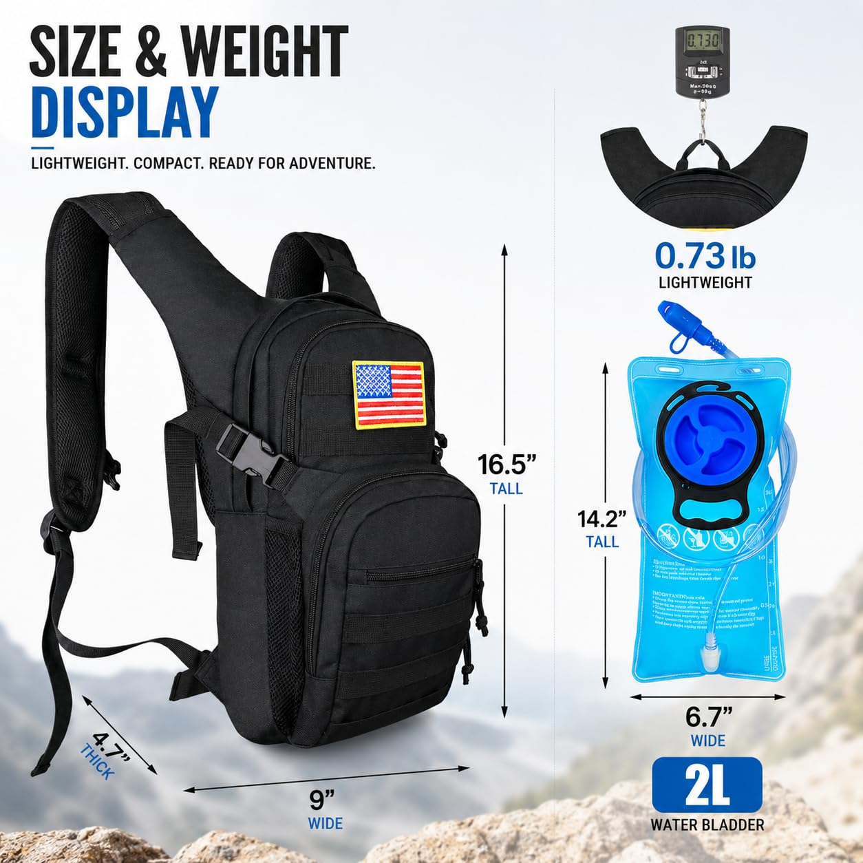 Zavothy Sac à Dos d'hydratation avec vessie d'hydratation 2L, Sac à Dos d'eau, Sac à Dos de Sport, pour la Course à Pied, Le Cyclisme, Le Ski, la Randonnée, l'escalade et Le Camping, Noir