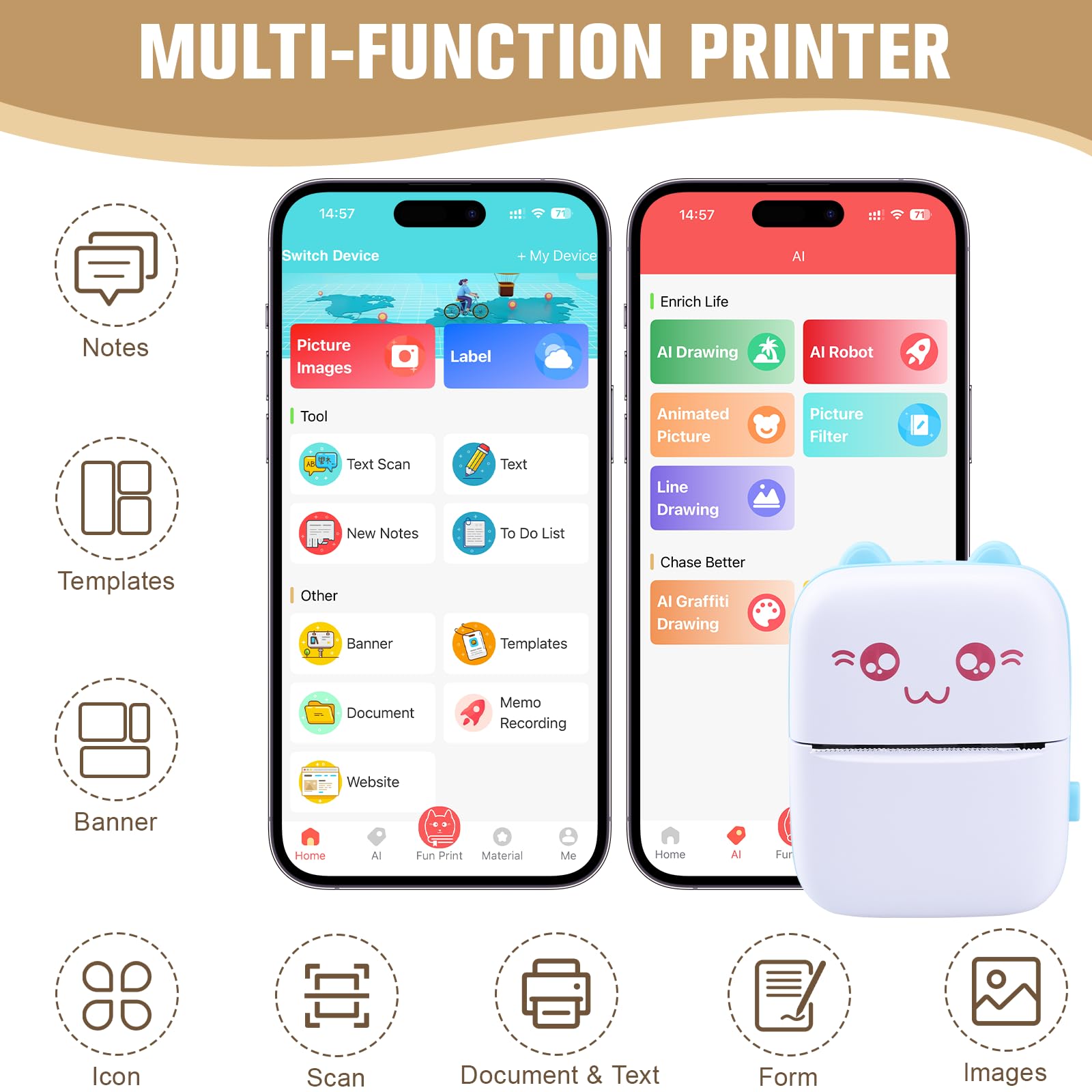 Mini Stampante Fotografica,Mini stampante tascabile,Portatile Termica con 13 Rotoli di Carta Termica,immagine per foto, stampa di ricevute,per Android IOS