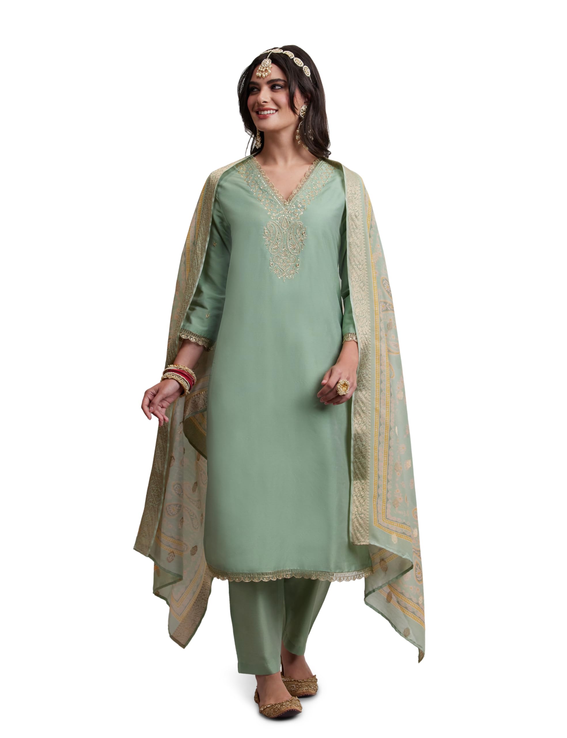 Women's V Neck Embroidered Kurta Set With Dupatta | Salwar Suit Set (Available In Plus Sizes)-image-0