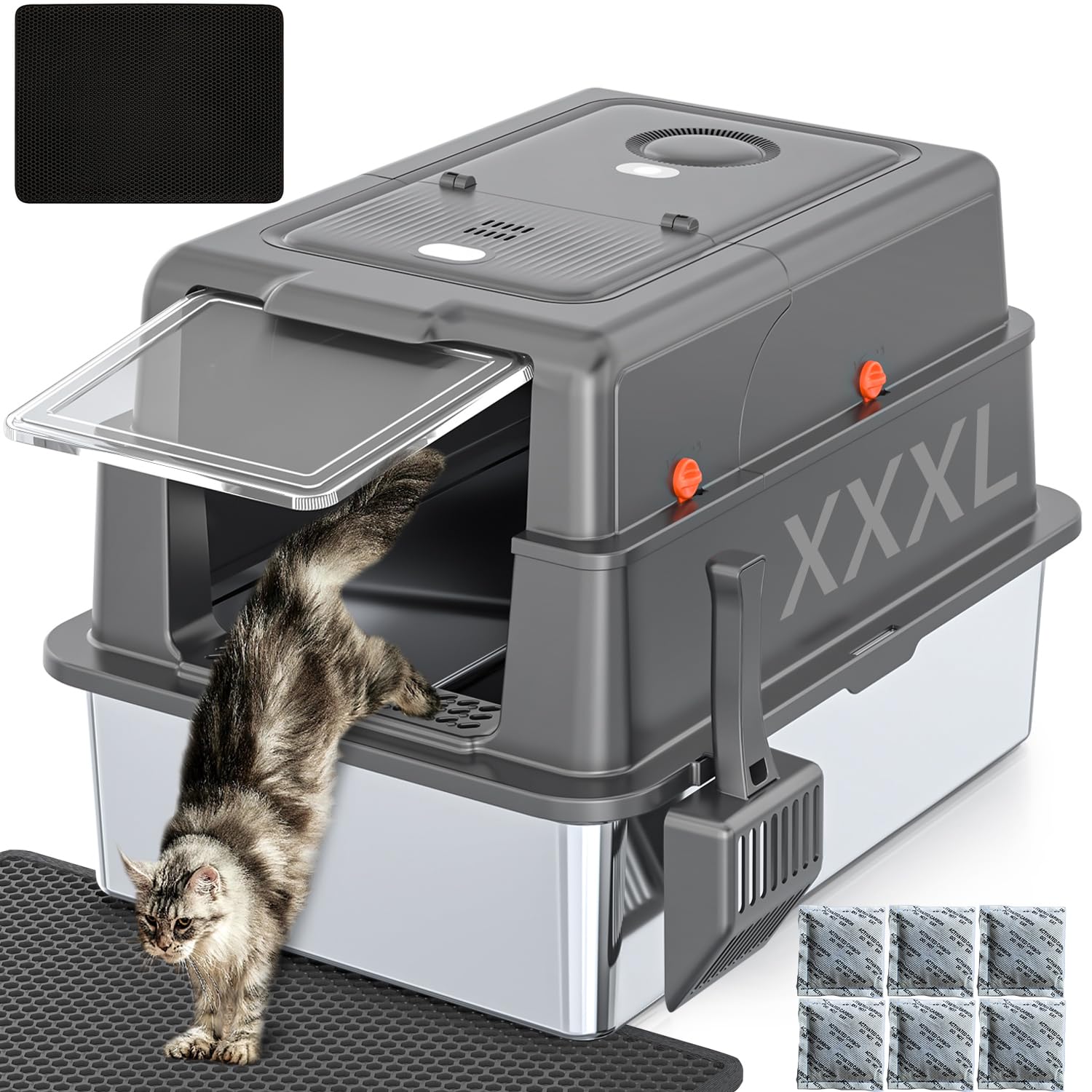 XXXL Extra Large Stainless Steel Litter Box with Lid, 28" L x 20.5" W x 17" H Covered Stainless Steel Litter Box, Multiple Natural Activated Carbon Filter Bags, Non-Sticky, Anti-Leakage, Easy to Clean