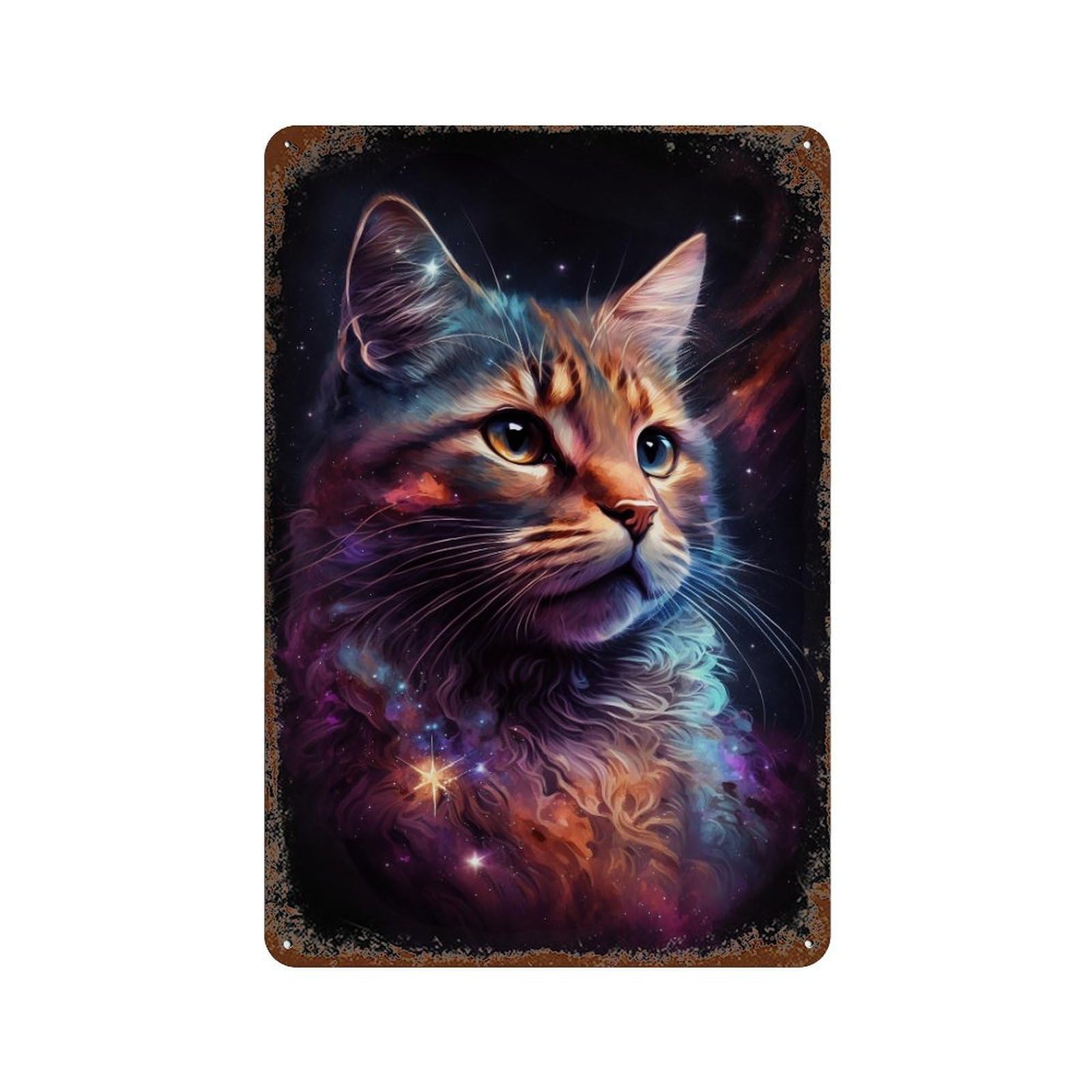 Cosmic Cat Portrait-54 Distressed Metal Wall Sign 11.8"x7.9", Rustic Home Decor for Living Room, Hallway And Home Decor