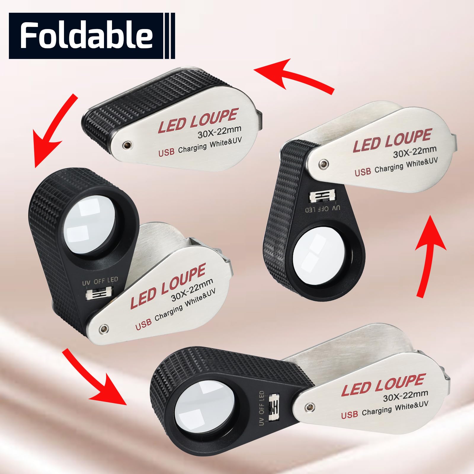 Lente d'Ingrandimento Illuminata da Gioielliere 30x, Lente Pieghevole Ricaricabile con LED e Luce UV per Gemme, Gioielli, Monete, Francobolli, ecc.