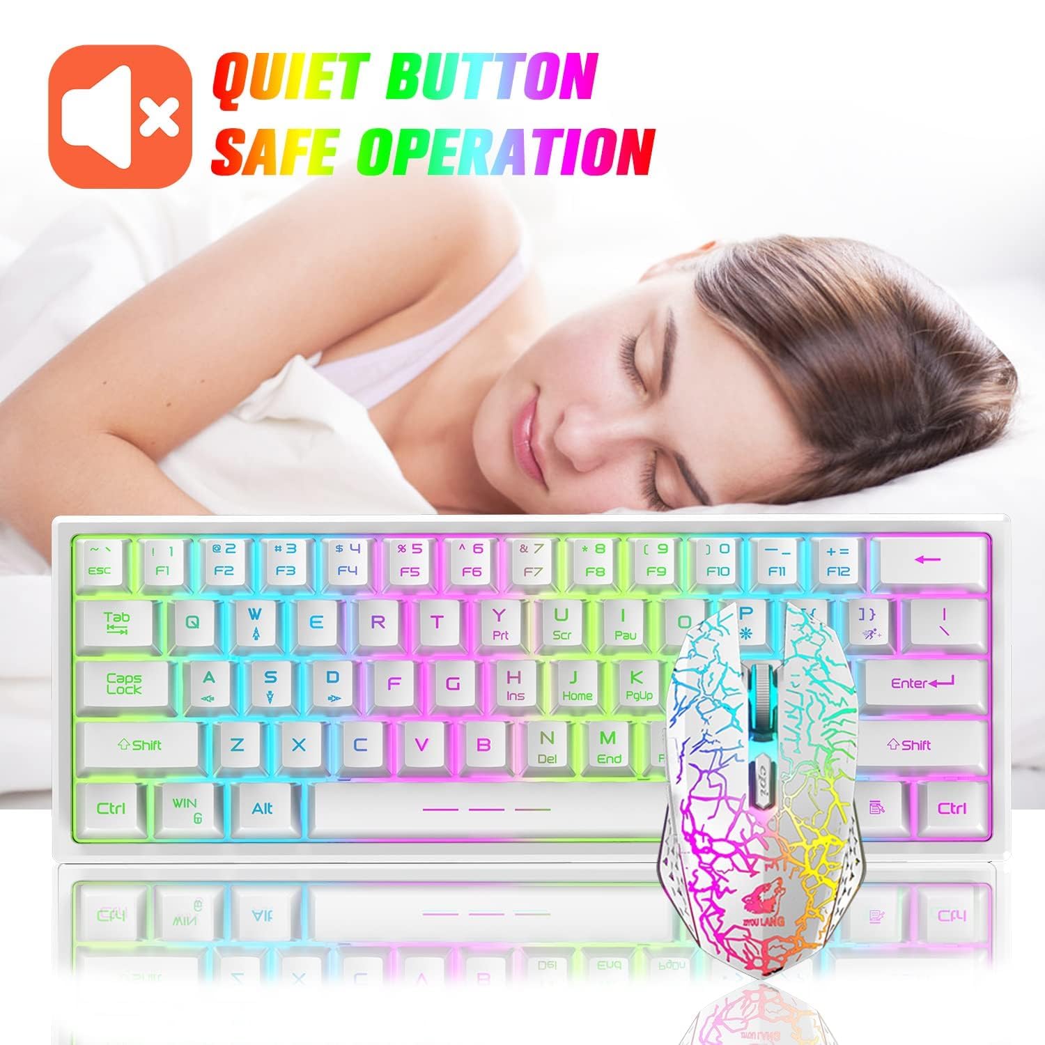 Set Tastiera E Mouse Da Gioco Wireless Compatti Al 60%, 3800mAh Type-c Ricaricabile RGB Arcobaleno Tastiera Illuminata Sensazione Meccanica Respirazione Retroilluminazione Mouse Luminoso Per PC-Bianco