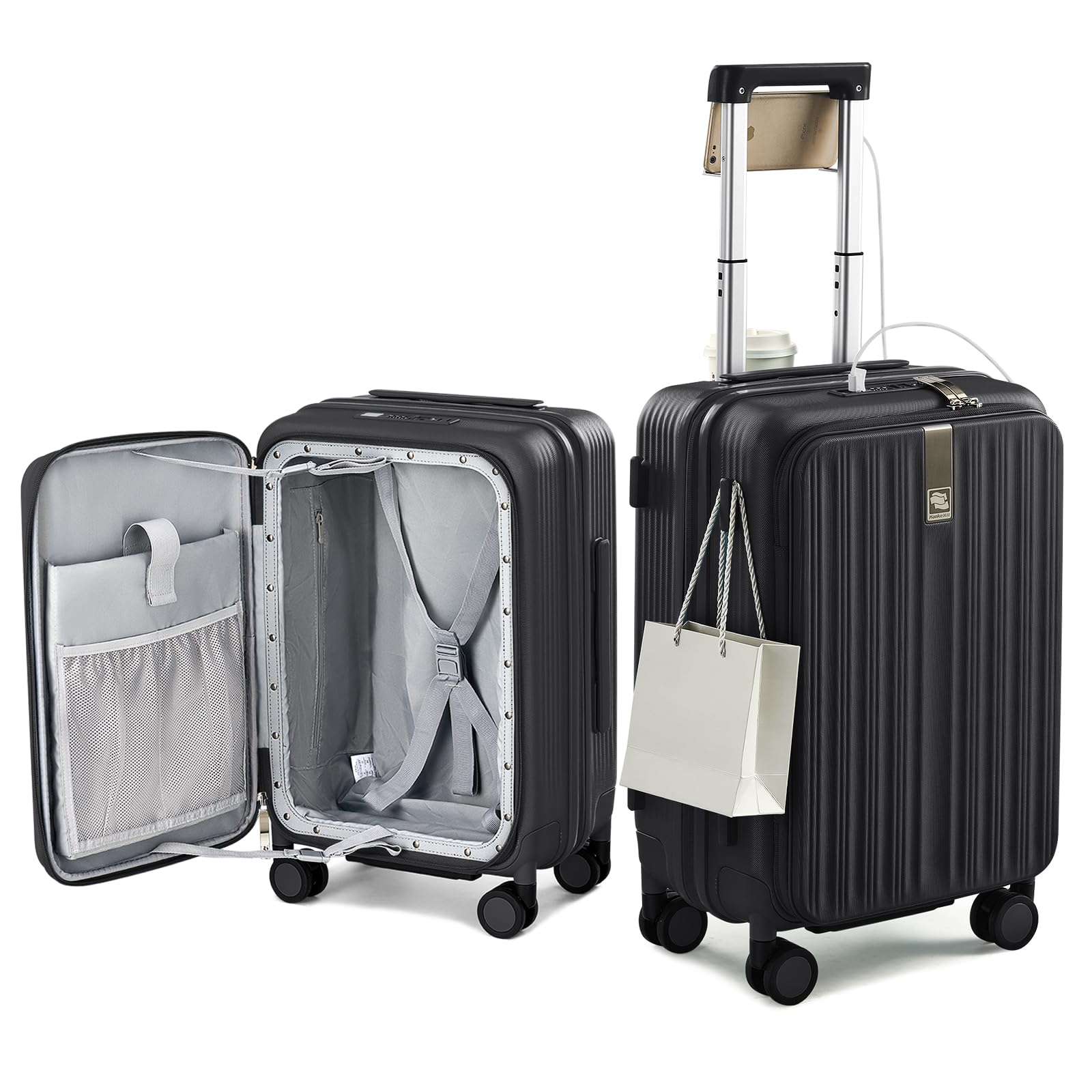 Top Opening 20" Carry On Luggage Expandable Hard Shell Jet Black