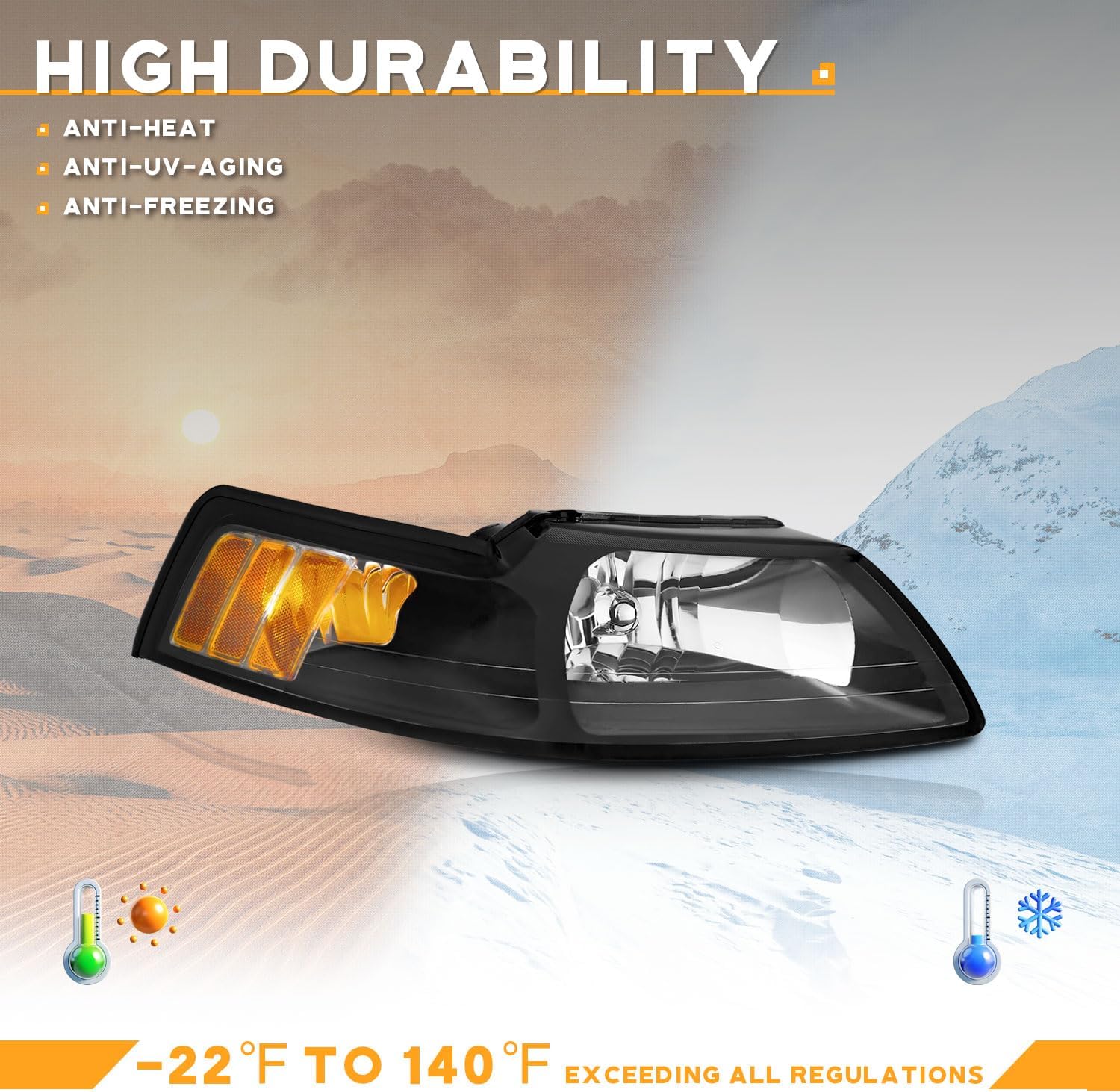 WEELMOTO Automotive Headlight for 1999-2004 Ford Mustang Headlights Assembly Pair Headlamp Replacement for 1999 2000 2001 2002 2003 2004 Mustang Black Housing Right Side