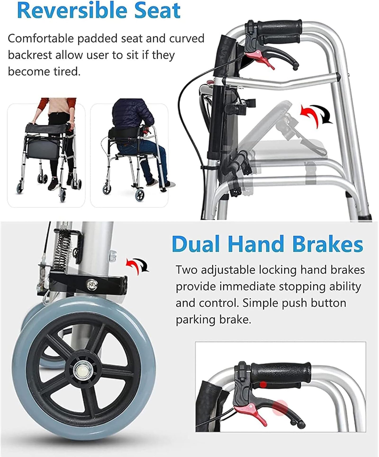 Leichter Aluminium Gehbock mit Rollen Klappbar, 4-Rad-Walker mit gepolstertem Sitz, arretierbare Bremsen, einfach zu faltender Gehwagen, für ältere oder behinderte Menschen, Mobilitätshilfe