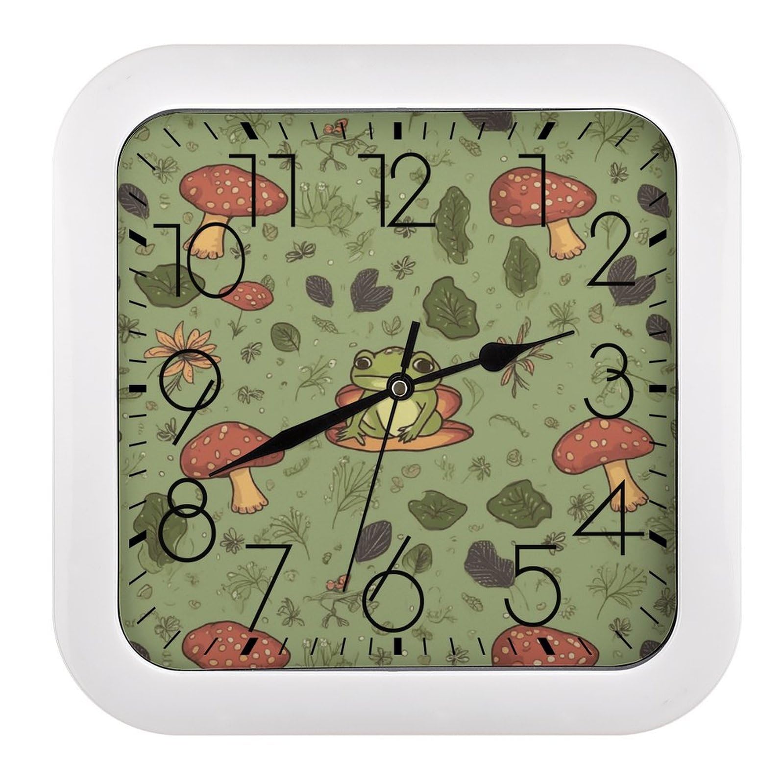 MUSM 10.2 X 10.2 Inch Modern Frogs and Mushrooms Wall Clock Battery Operated High Accuracy Decorative Square Clocks for Kitchen Bedroom Living Room Home Office Porch