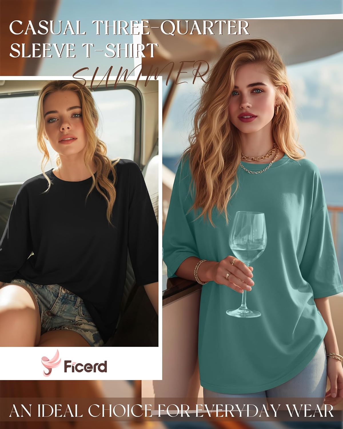 Ficerd 3 Pack Women Oversized Cotton T Shirts Workout Elbow Length Baggy Tops 3/4 Sleeve Crewneck Casual Summer Gym Tees
