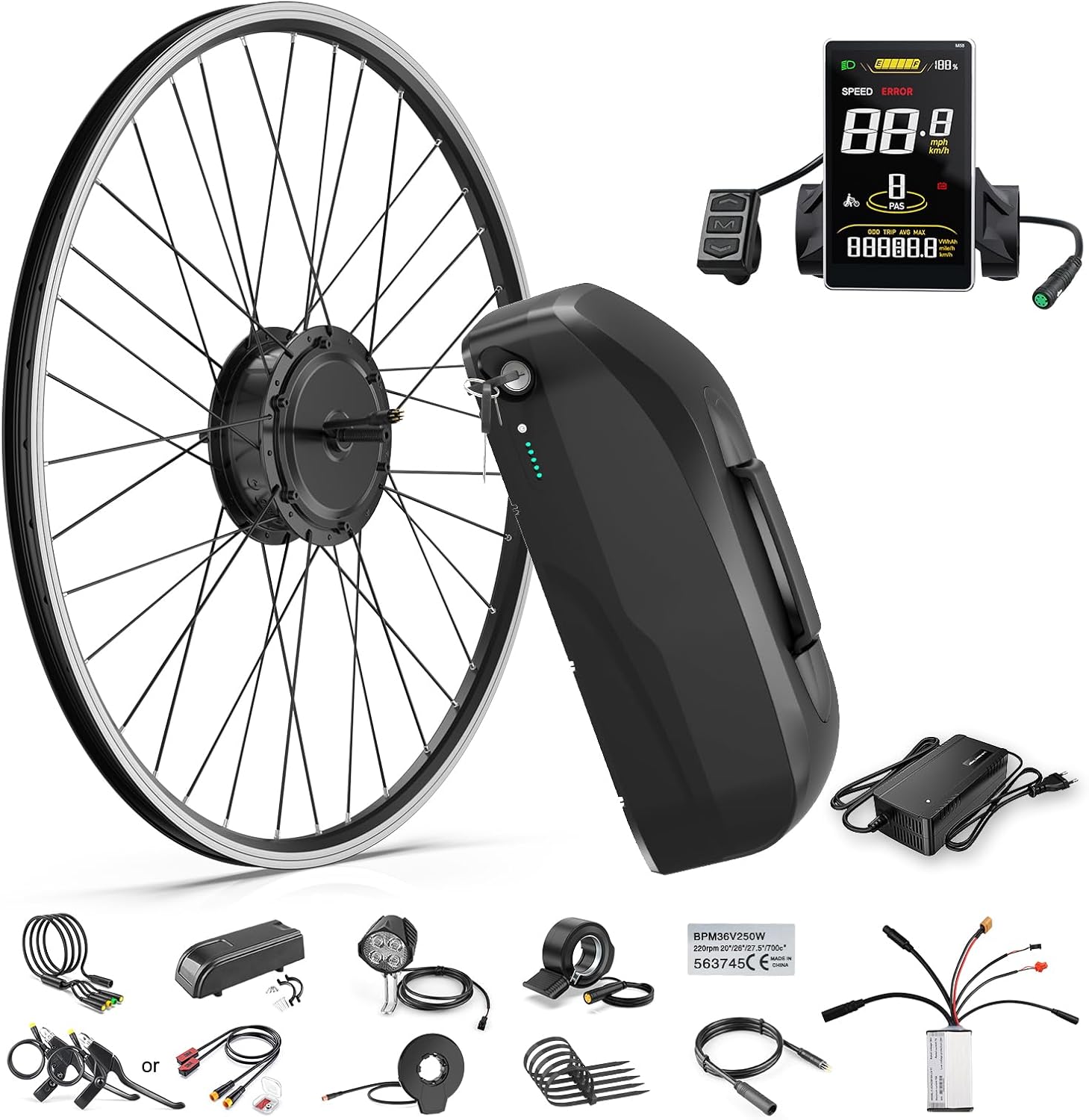 BAFANG Ebike Conversion Kit, 48V500W 20"/26"/700C Front Hub Motor kit, Electric Bike Kit with Battery,High Speed Brushless Geared Ebike Kit with Upgrade 4 Mode Controller/Display for Bike Upgrade
