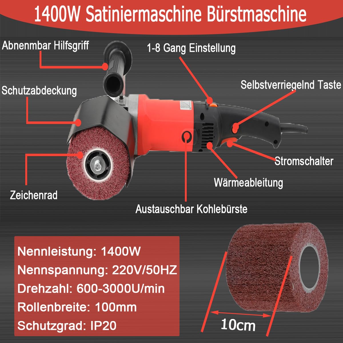 Satiniermaschine, 1400W Elektrische Bürstenschleifer Schleifroller