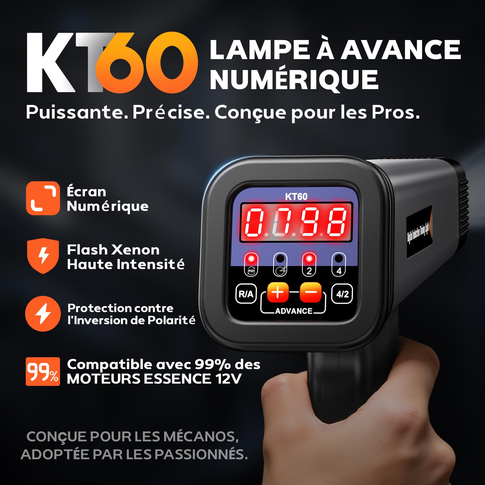 KZYEE KT60 Lampe Stroboscopique Allumage 12V Pistolet D'allumage Inductive 2/4 Temps Engine Timing Light avec Ecran LCD Pistolet Flash Portable Lampe Stroboscope pour Voiture, Moto, Marine