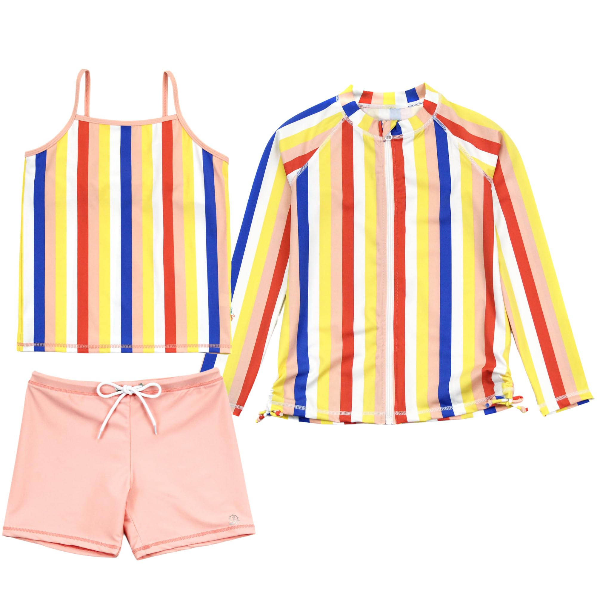 SwimZip Girls' 3 Pc Swim Set w/Long Sleeve Rash Guard, Tankini &amp; Shorts UPF 50+