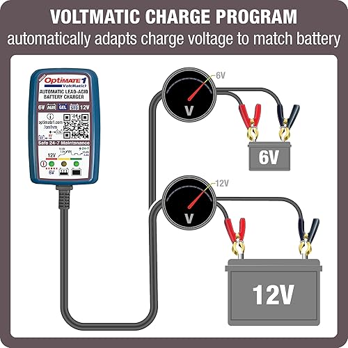 Miniatura 3 de TecMATE Optimate 1 VoltMATIC, TM-401a, Bronze Series: 4-Step 6V / 12V (0.6A), Cargador y mantenedor de baterías, Azul