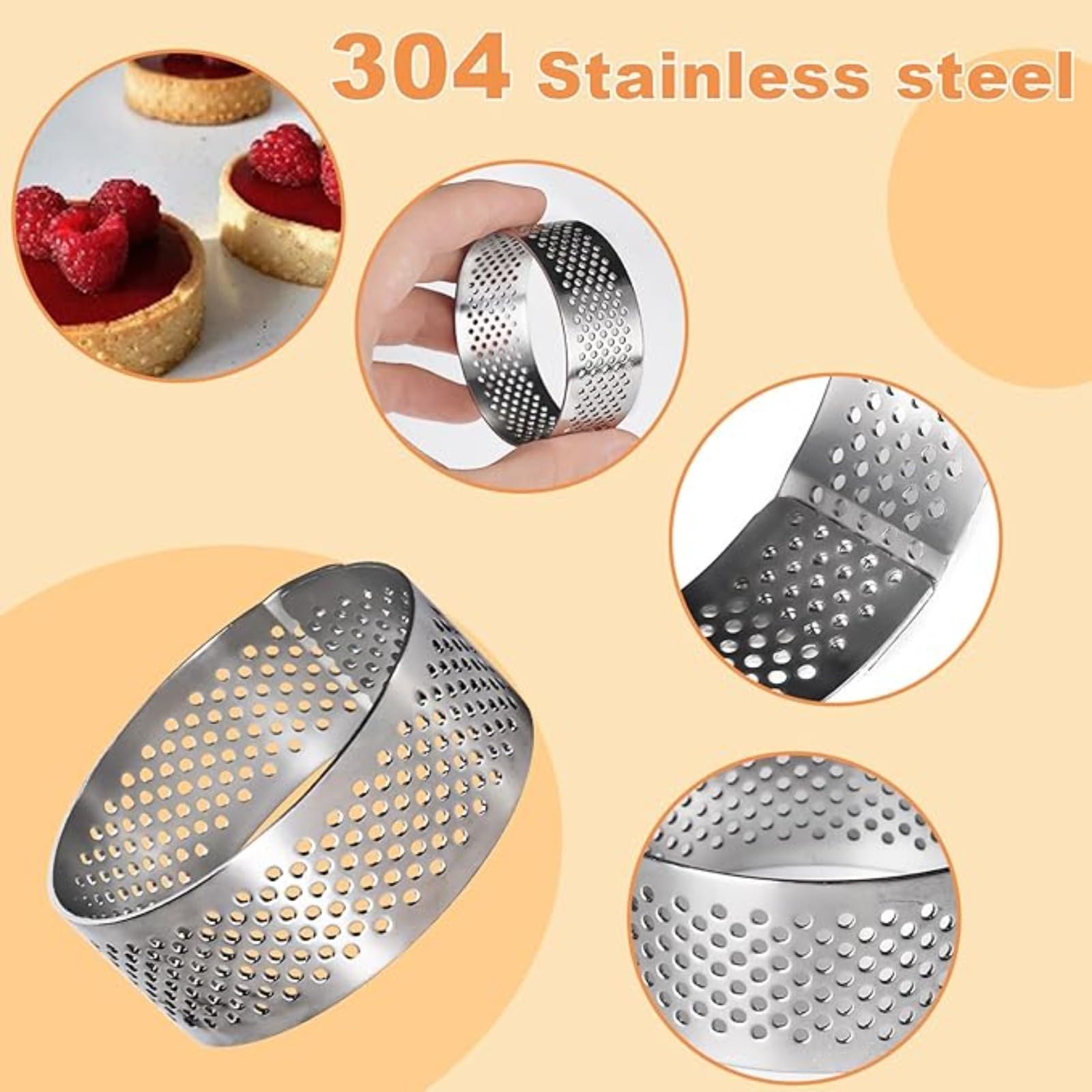 Lot de 10 anneaux à tarte perforés en acier inoxydable 304 anti-adhésif pour pâtisserie, dessert, petites croûtes de tartelettes aux fruits