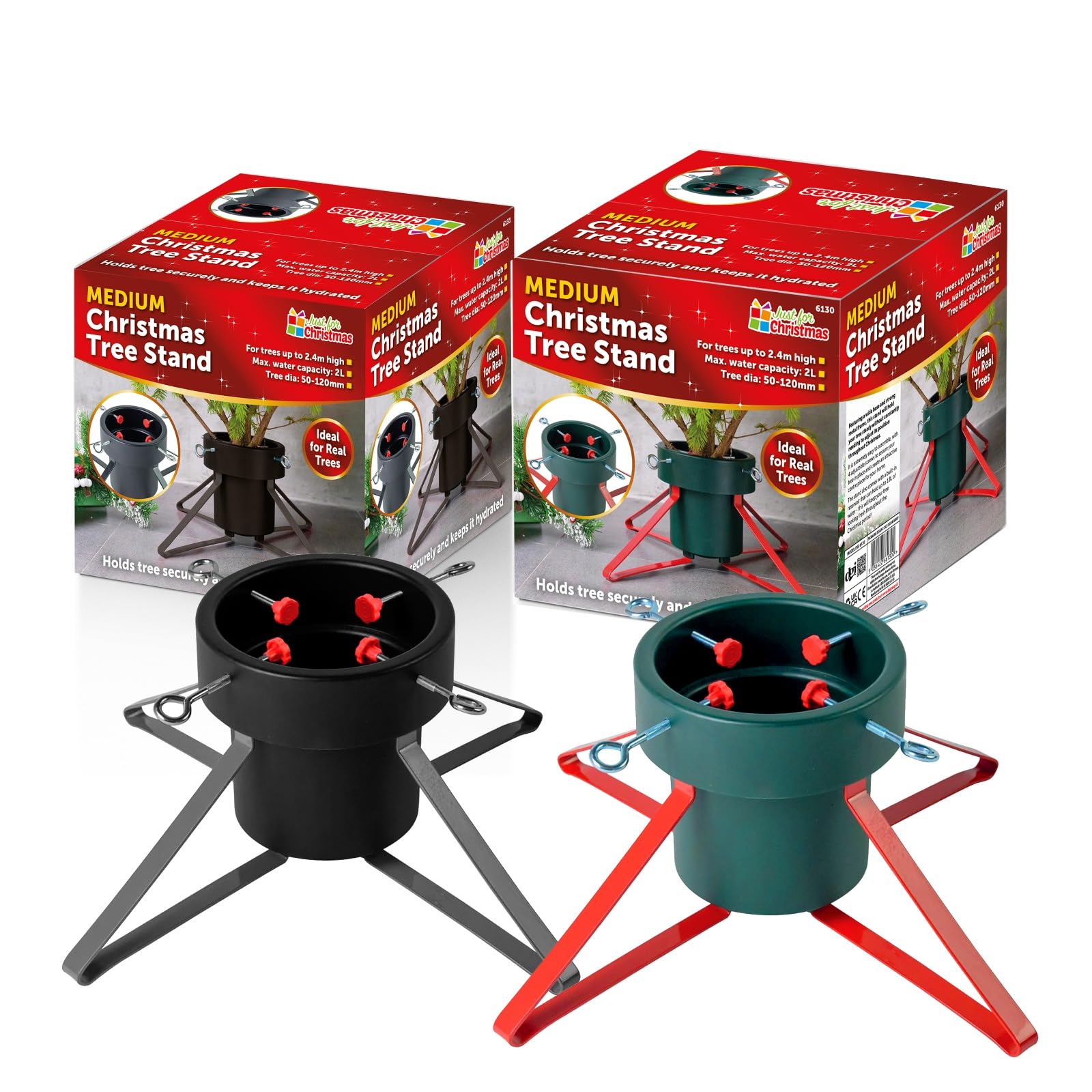 Just for Christmas Tree Stand for Real Trees Including 4 Screw Gripper To Hold Christmas Tree Firmly & 2 Litres of Water Space Large Xmas Tree Holder Ideal For Real & Artificial Trees Up To 2.4M High