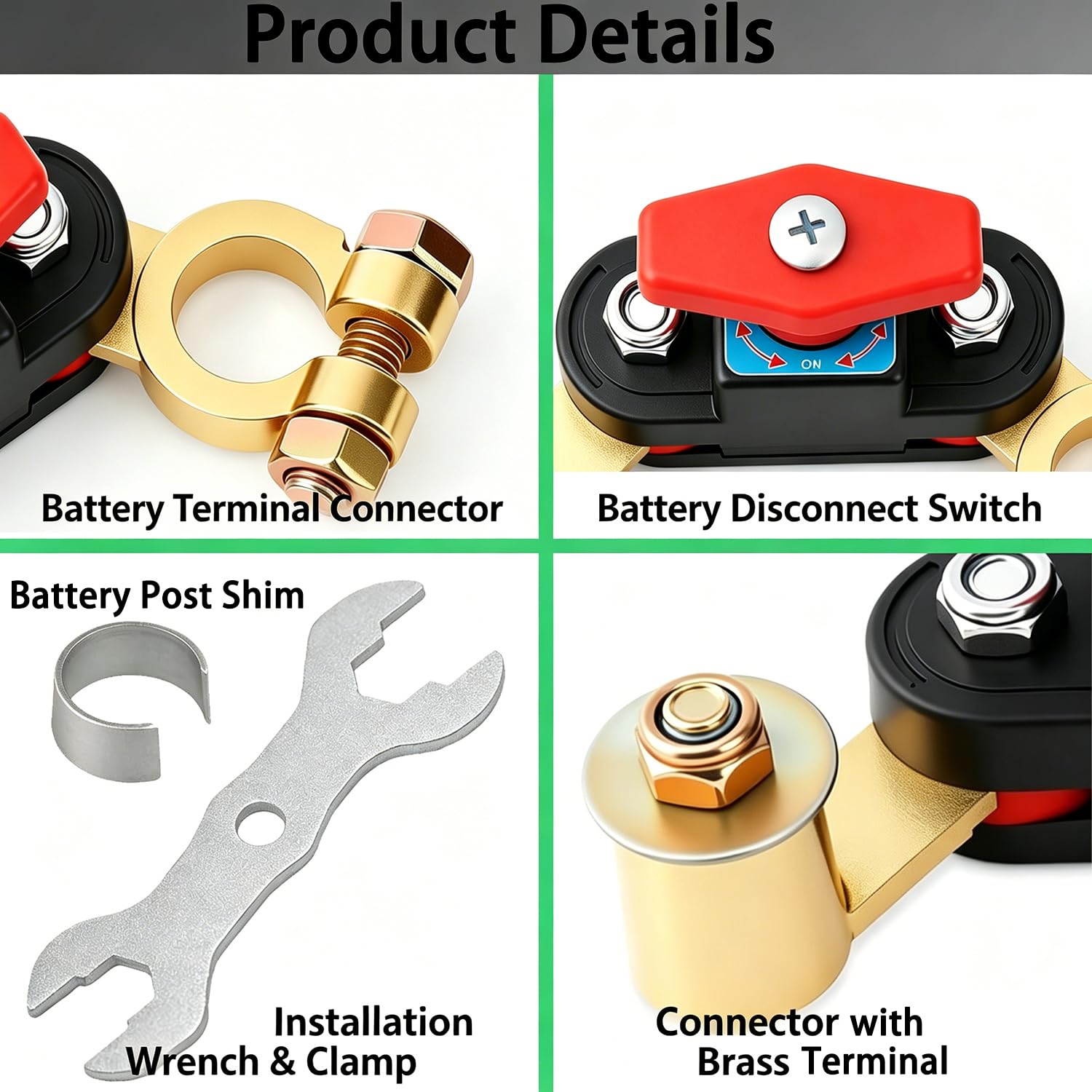 Car Battery Disconnect Switch 12V/24V, Heavy Duty Brass Top Post Battery Cut Off Switch with 180° Adjustable Terminal Ends, Universal Battery Kill Switch for Car Truck RV Boat ATV Marine