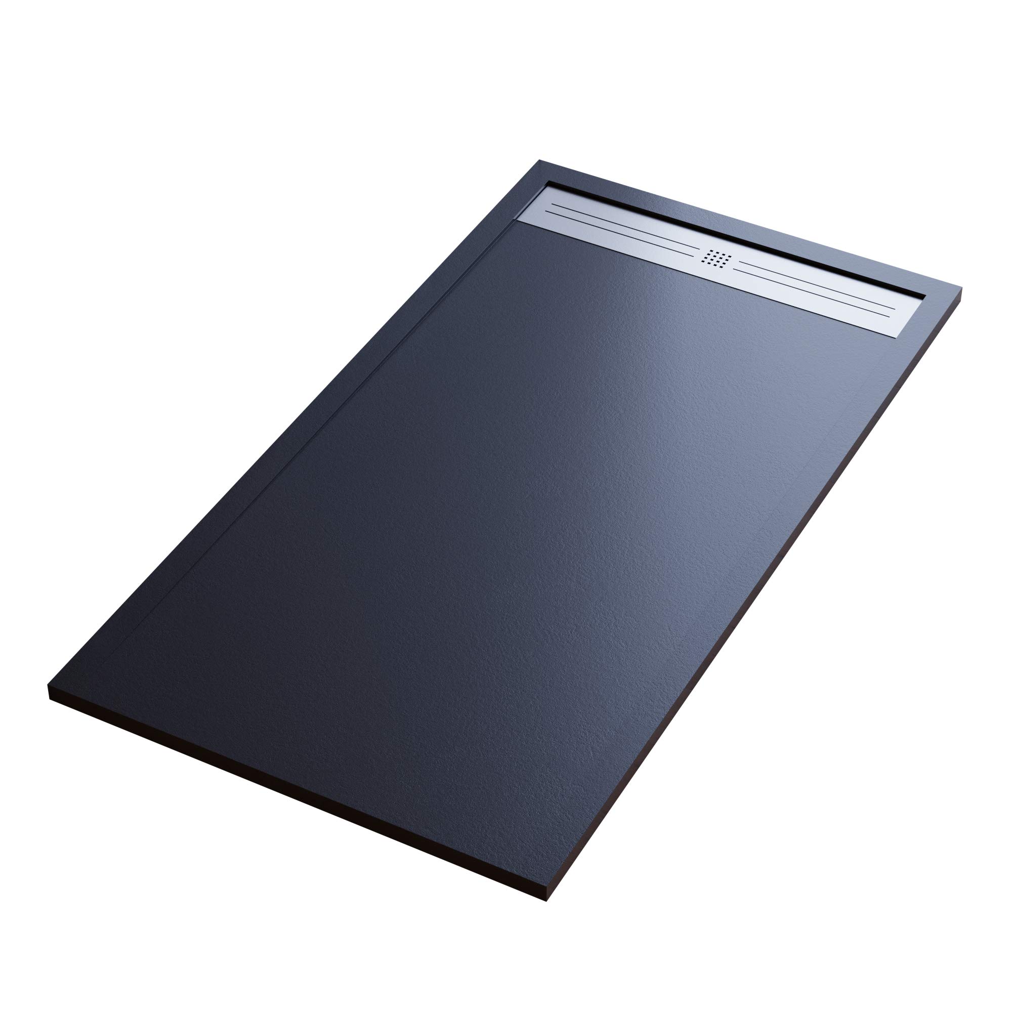 Piatto Doccia Mineralmarmo Effetto Pietra Ardesia - Modello Moon - Marmo Resina con Gelcoat - Griglia Laterale in Acciaio Inox - Colore Nero - 70x140