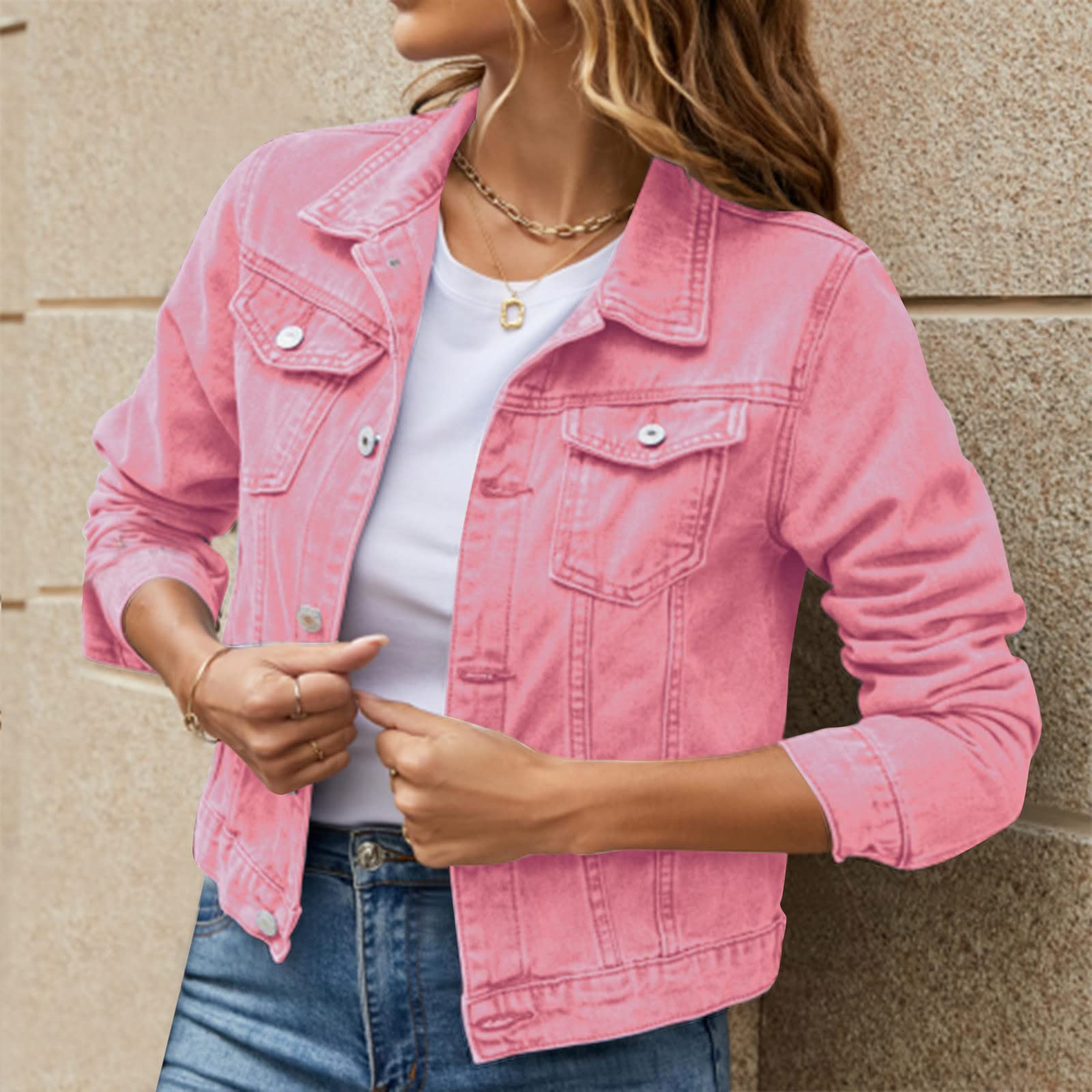 Giacca di jeans da donna sciancrata luminosa, basic, tinta unita, con bottoni, in cotone, con tasche, giacca di jeans