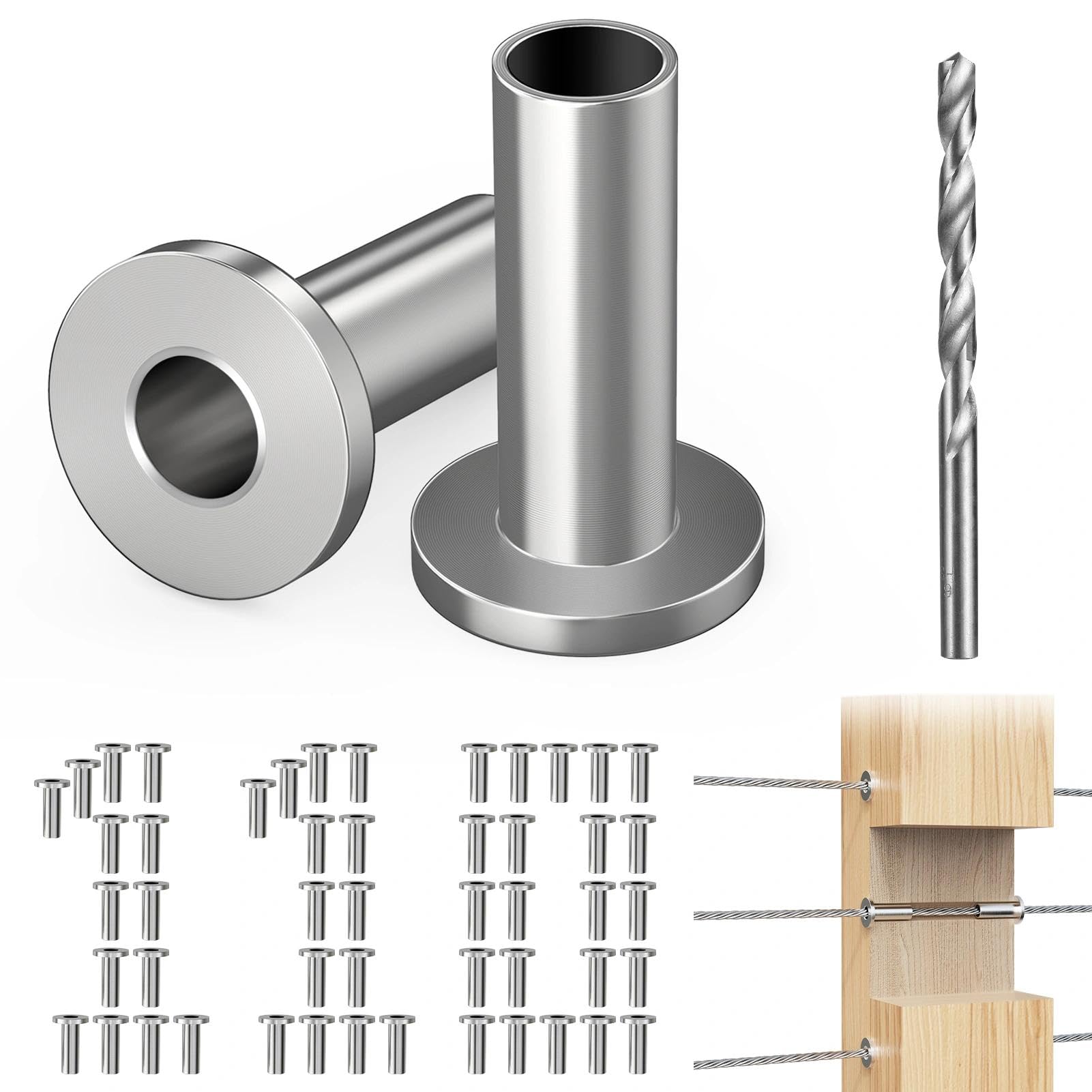 Steel DN Mate Paquete de 110 fundas protectoras de acero inoxidable T316 para barandilla de cable de 1/8, 5/32 o 3/16 pulgadas, fundas protectoras de cable para sistema de barandilla de cable,