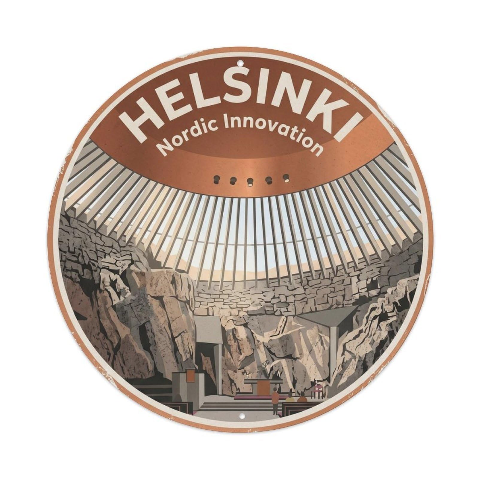 Cmhok Vintage Style Vintage Travel Helsinki Finland Rockchurch Metal Tin Sign Plaque Wall Decor For Cafe, Club, Garden Round Metal Poster 8X8inch
