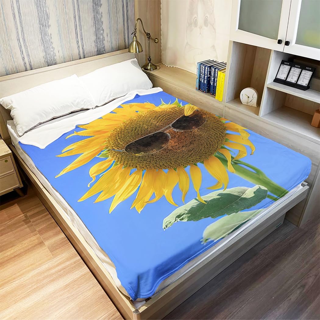60"x80" Sunglasses Sunflower Blanket - Soft Fleece Throw, Funky Design for Bedroom