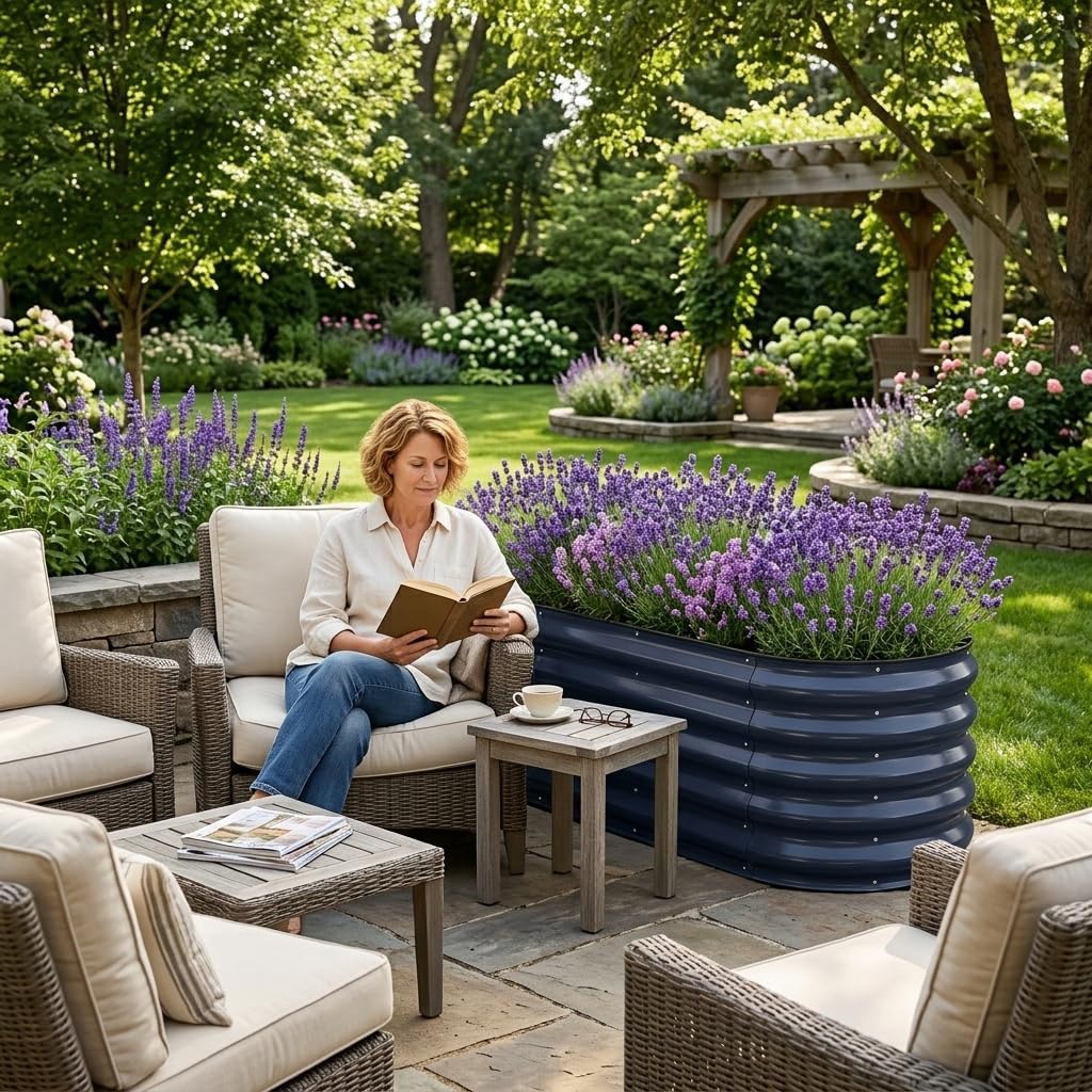 Raised Garden Bed 4×2×1 FT, Galvanized Metal Raised Planter Box Decorative Vegetable & Flower Planting Container for Patio Entryway Poolside Outdoor Landscaping Midnight Blue