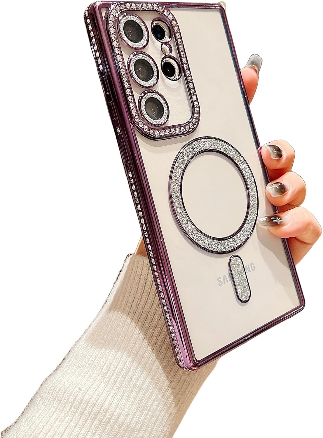 Soomio Magnetic Case for Samsung Galaxy S22 Ultra with Glitter Diamond Camera Protector,Luxury Plated Bling Rhinestone Clear Transparent Women Girls Cute Phone Case Cover (Purple) (B0DHDY4NM3) Amazon Price History, Amazon Price Tracker