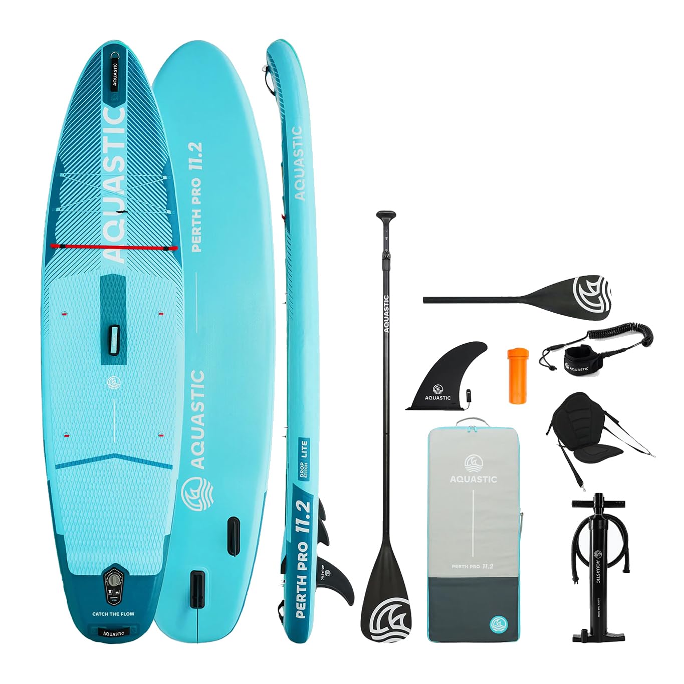 AQUASTIC Perth Pro 11'2" Allround SUP Drop Stitch Lite Board, pianka 5 mm, zestaw z regulowanym wiosłem 2 w 1, balast, siedzisko kajakowe, 2-drożna pompa i plecak do noszenia