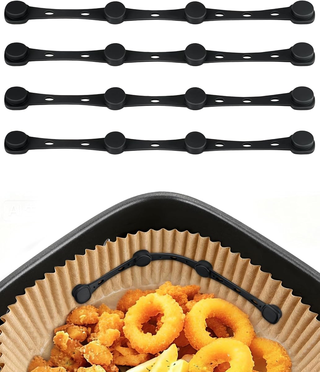 Air Fryer Magnets for Parchment Paper, 4Pcs Non-Segmented Design Air Fryer Accessories Locks Liner Magnet Silicone Buckle for Holding Down Disposable Safely, Prevent Covering Food＆Paper to Burn