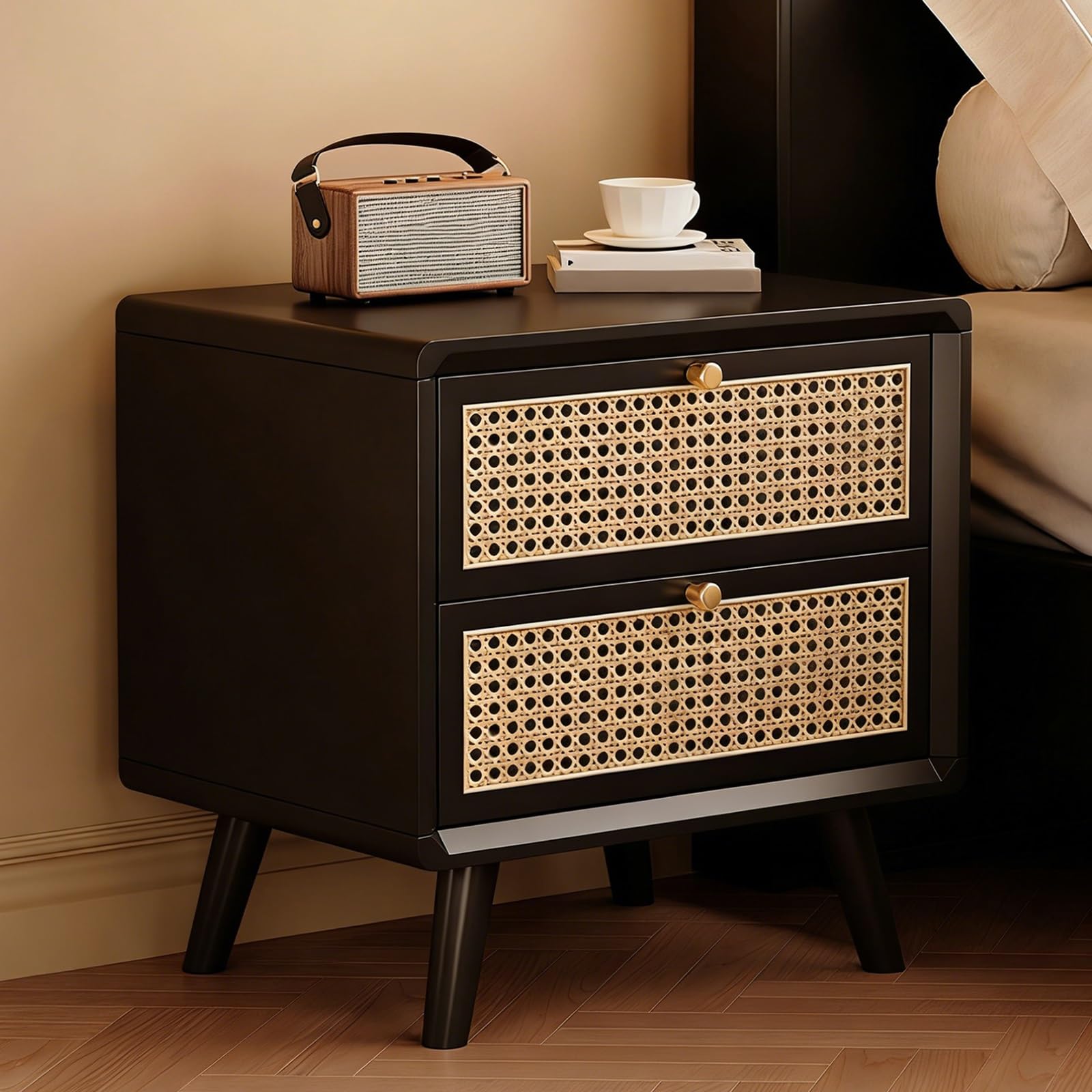 SXZenSpace Rattan Nightstand End Table Farmhouse Night Stand with 2 Drawers Bedside for Bedroom Living Room(Black,43x40x49cm)