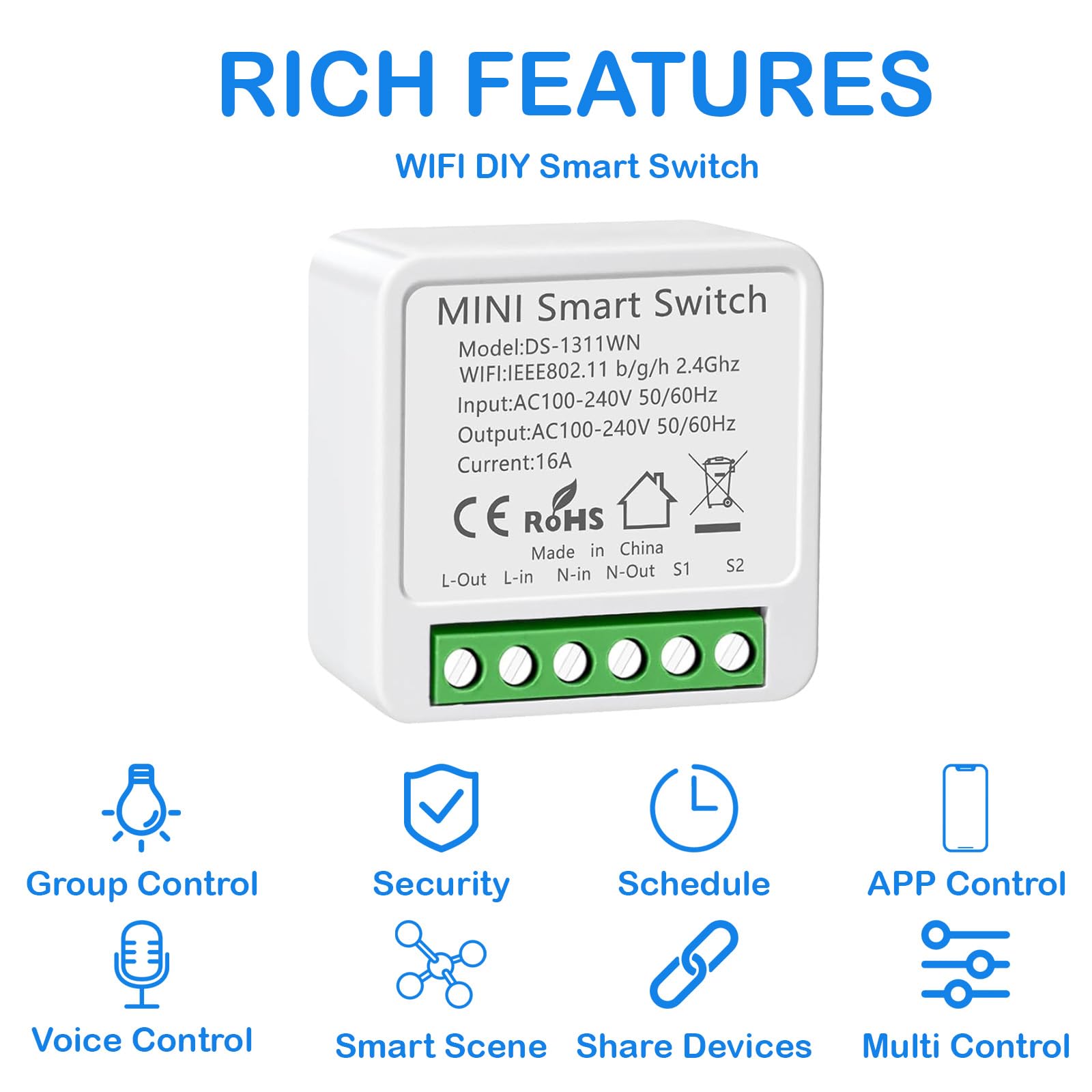 Interruptor WIFI, Interruptor Inteligente WIFI, Mini Smart Switch WIFI Compatible con Alexa,Tuya y Smart Life, Max 16A, 2.4GHz Interruptor Alexa