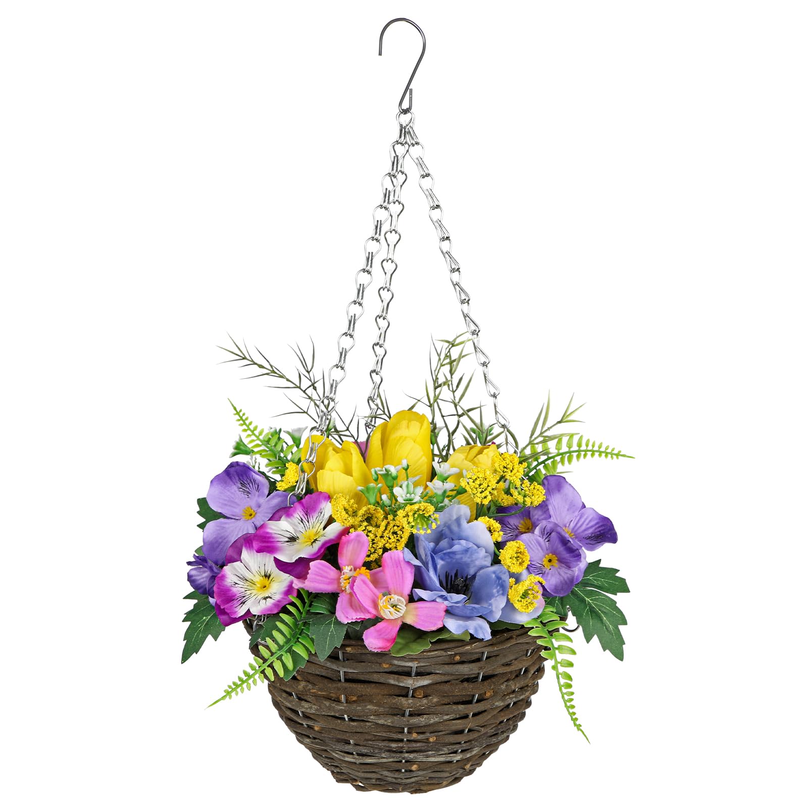 Arborus Artificial Hanging Baskets with Flowers 17.7" Fake Hanging Basket Flowers Artificial Silk Pansy Flower Baskets Decorative Faux Flower Basket for Indoors Patio Balcony Garden Farmhouse Decor